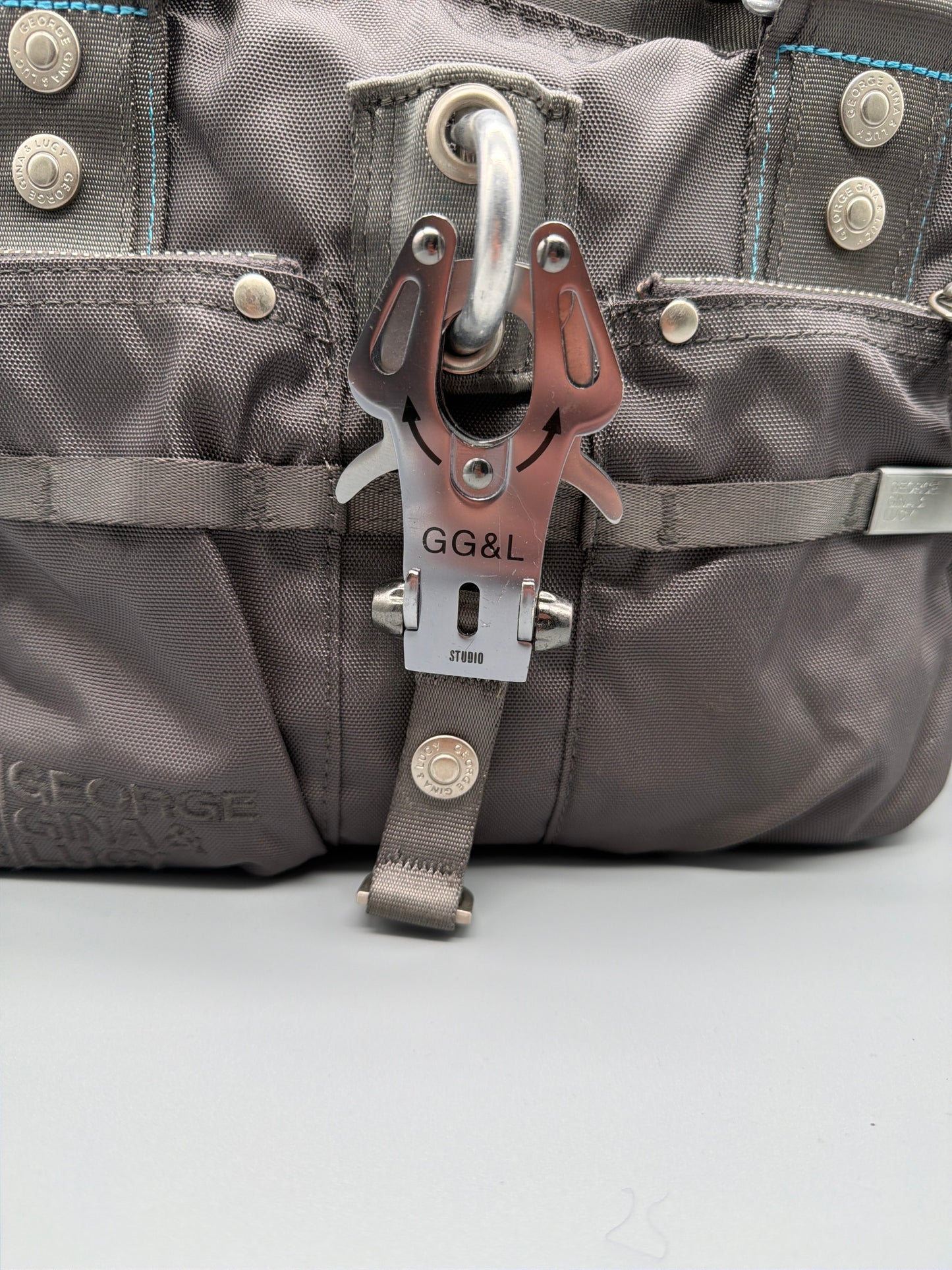 George Gina & Lucy "6IX" Nylon Shoulder Bag - Dark Grey / Aqua Contrast Stitches