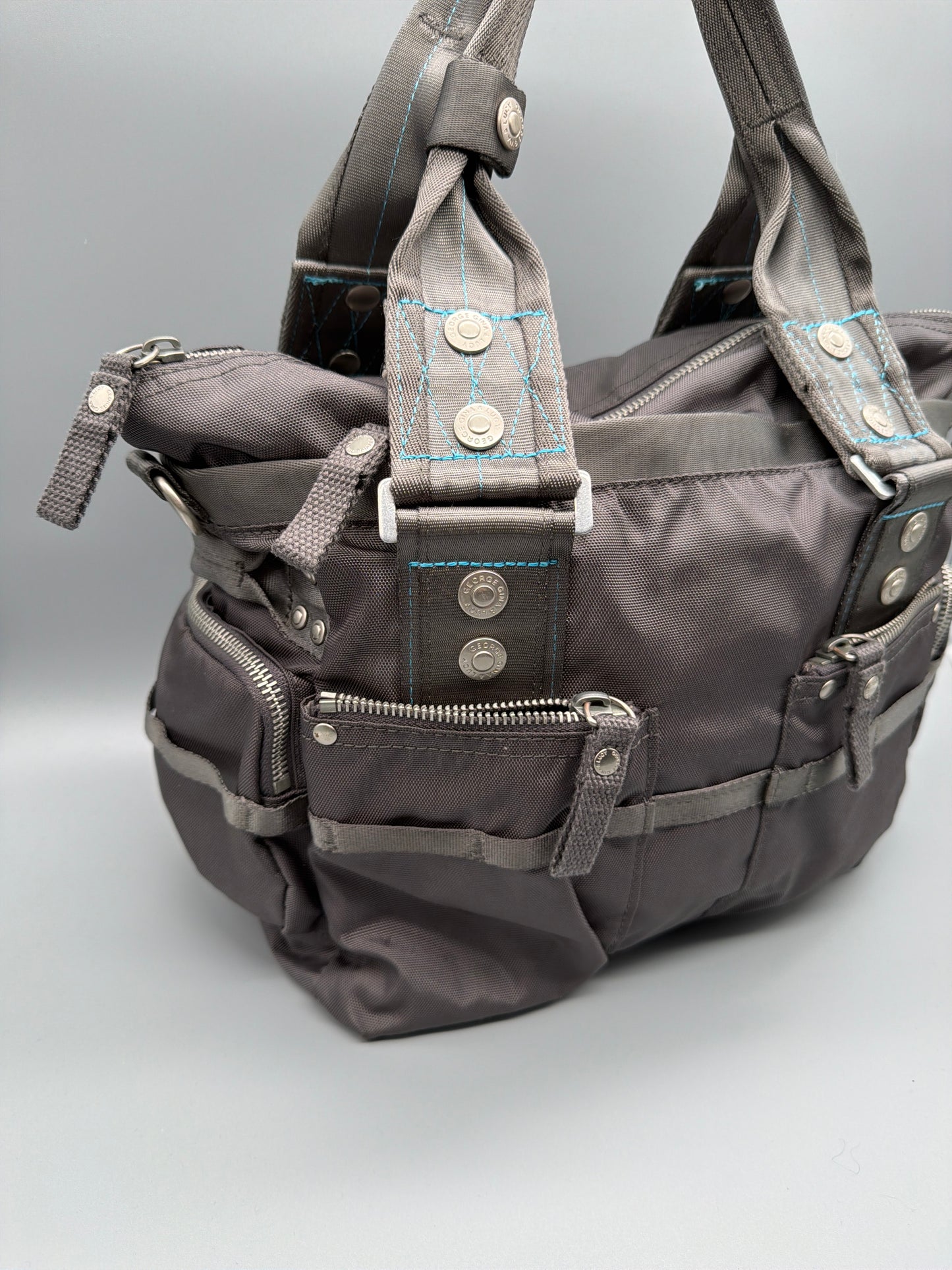 George Gina & Lucy "6IX" Nylon Shoulder Bag - Dark Grey / Aqua Contrast Stitches