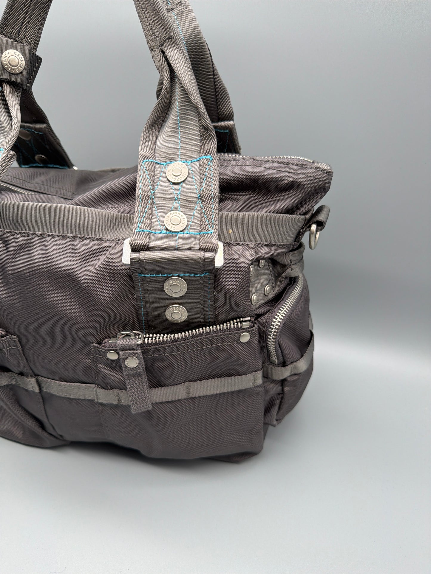 George Gina & Lucy "6IX" Nylon Shoulder Bag - Dark Grey / Aqua Contrast Stitches