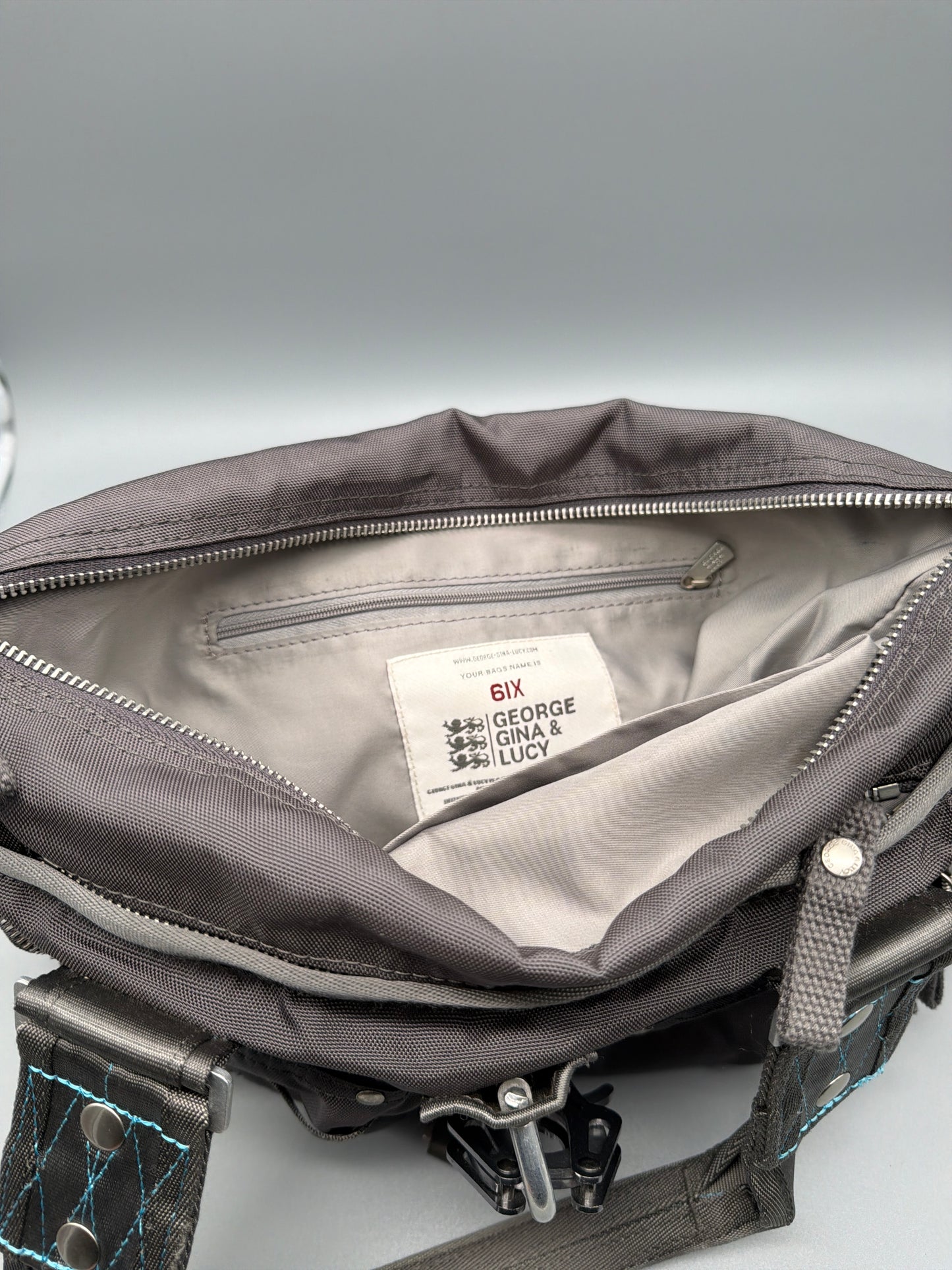 George Gina & Lucy "6IX" Nylon Shoulder Bag - Dark Grey / Aqua Contrast Stitches