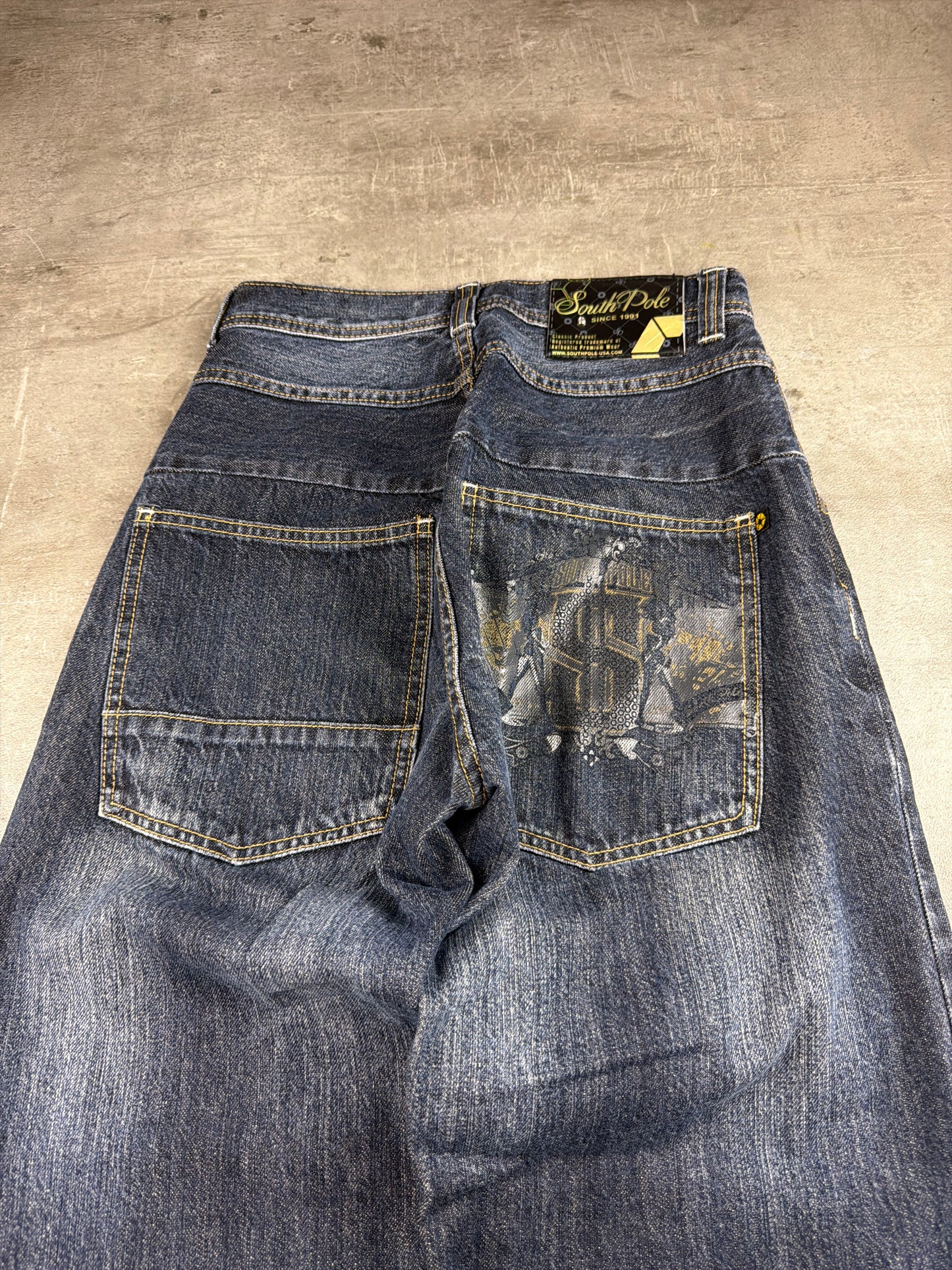 Southpole Heavy Graphic "Dollar" Baggy Denim - Dark Blue Wash