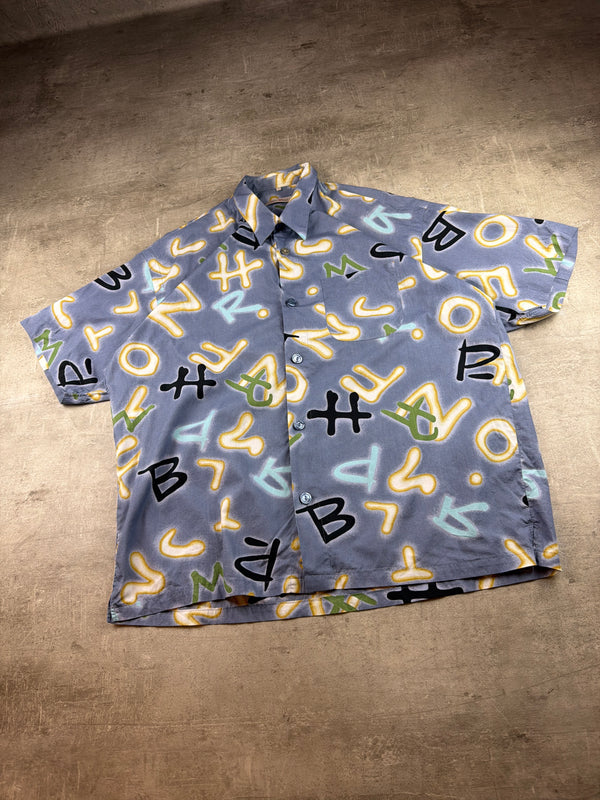 Vintage Y2K Graffiti Alphabet Print Short Sleeve Shirt - Muted Blue / Multicolor