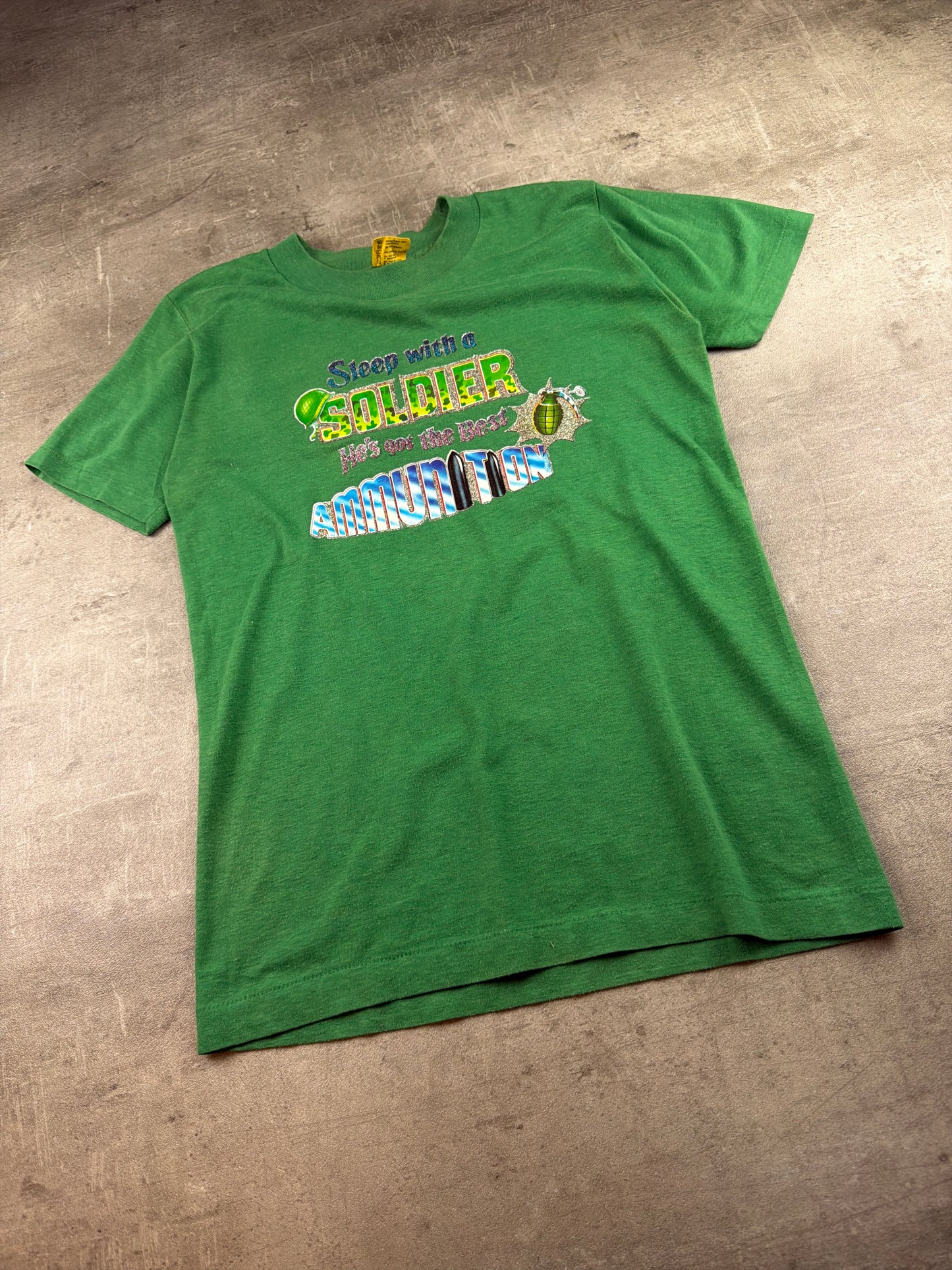 Vintage 80s/90s "Sleep with a SOLDIER" Graphic Tee - Bright Green