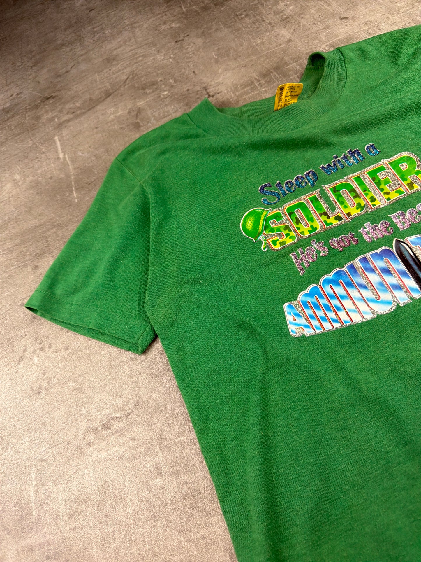 Vintage 80s/90s "Sleep with a SOLDIER" Graphic Tee - Bright Green