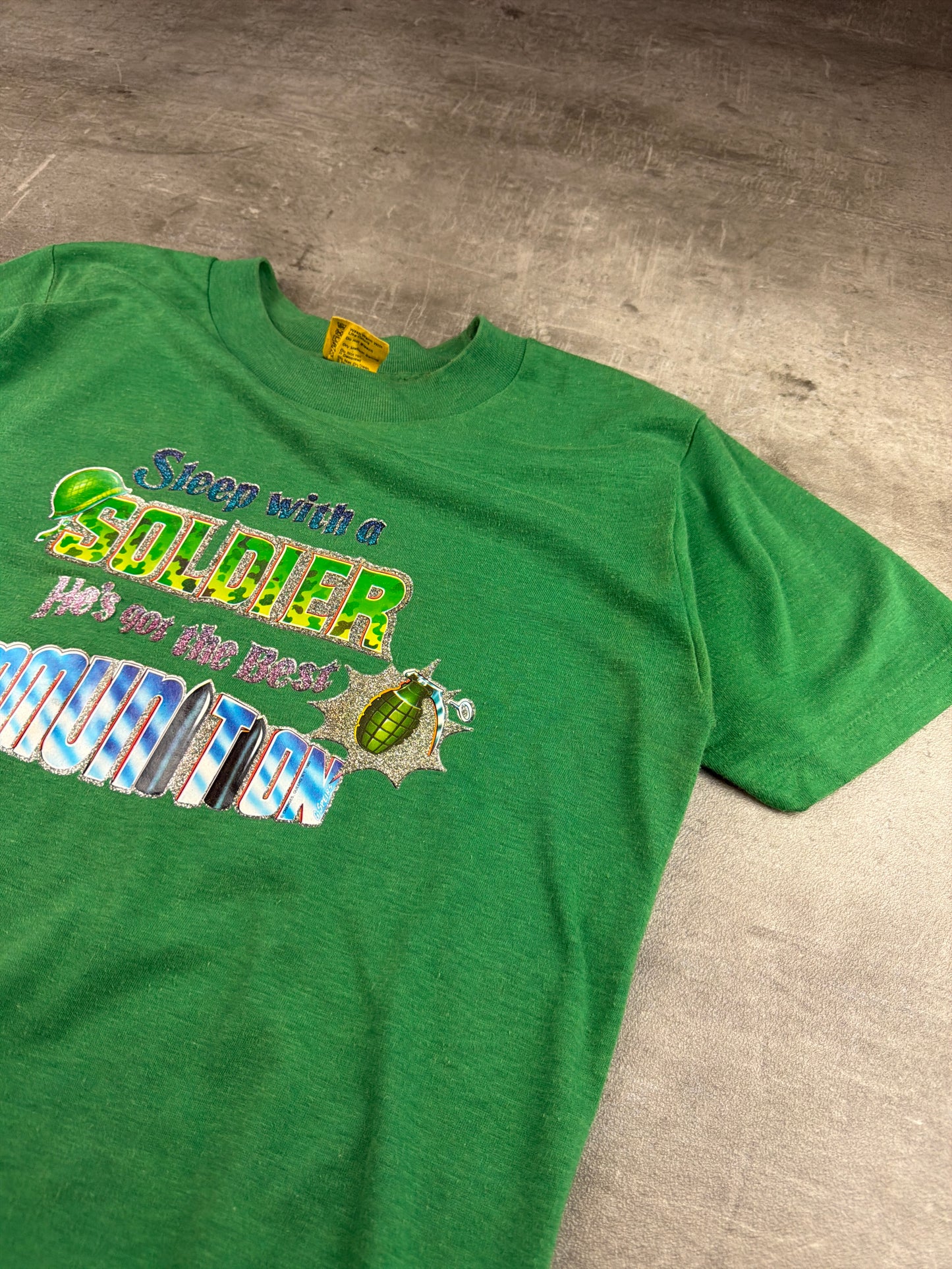 Vintage 80s/90s "Sleep with a SOLDIER" Graphic Tee - Bright Green