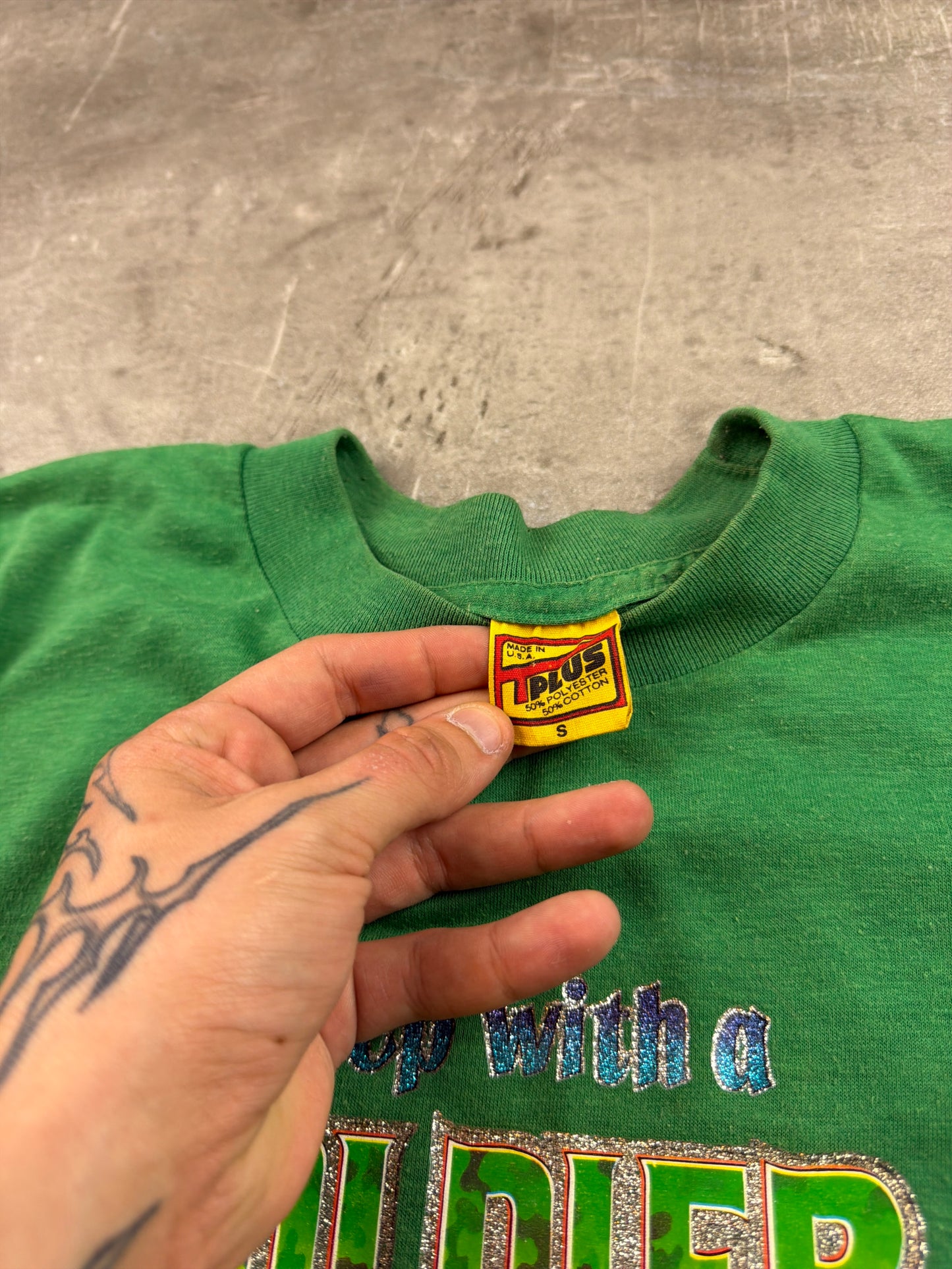 Vintage 80s/90s "Sleep with a SOLDIER" Graphic Tee - Bright Green