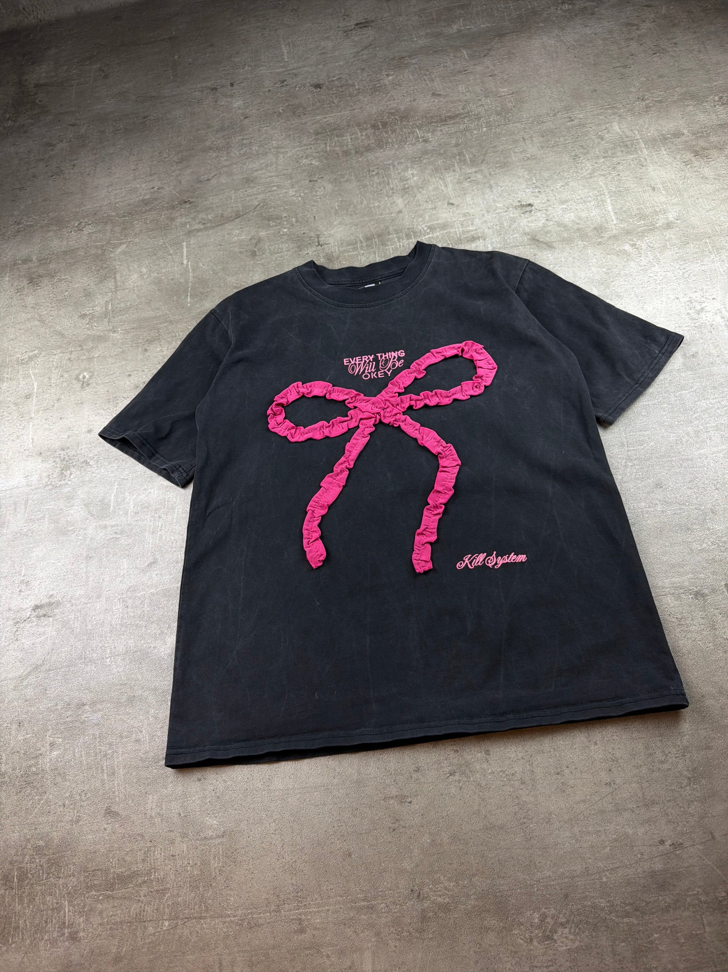 Kill System x New Era Pink Ribbon "Everything Will Be Okey" Graphic Tee - Washed Black / Pink