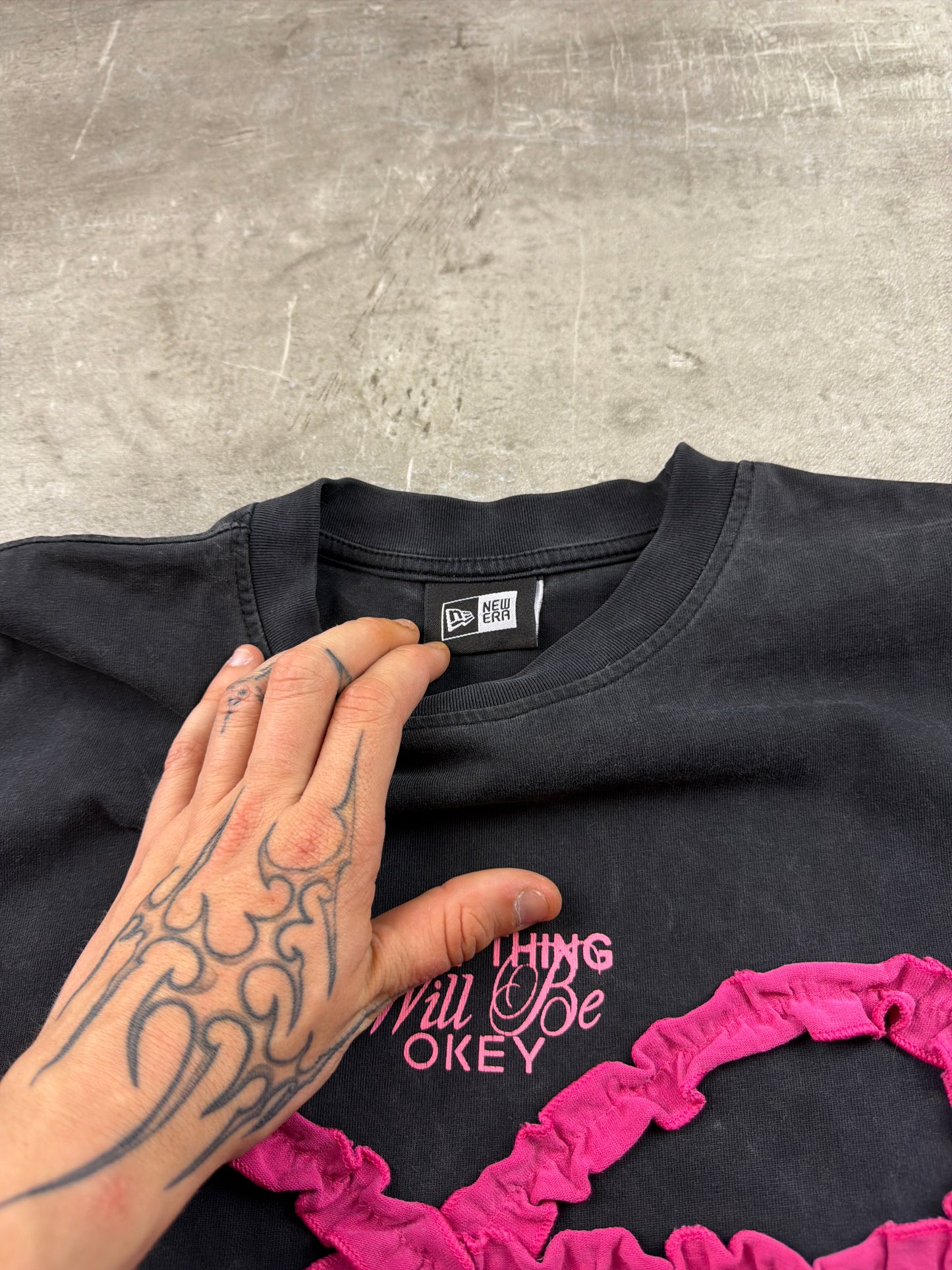 Kill System x New Era Pink Ribbon "Everything Will Be Okey" Graphic Tee - Washed Black / Pink