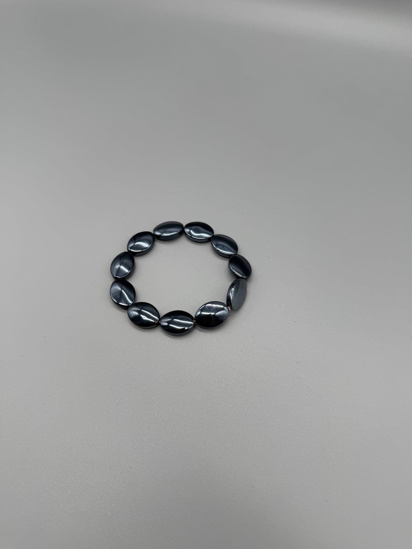 Y2K Metallic Hematite Oval Bead Elastic Bracelet - All Black / Cyber Chrome