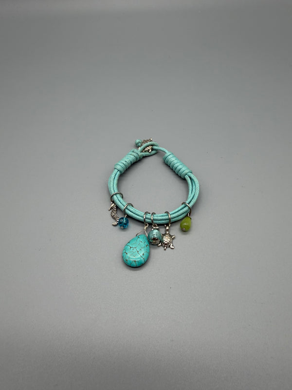 Vintage Y2K Ocean Beach Charm Cord Bracelet – Turquoise & Silver