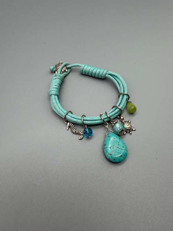 Vintage Y2K Ocean Beach Charm Cord Bracelet – Turquoise & Silver