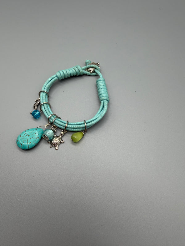 Vintage Y2K Ocean Beach Charm Cord Bracelet – Turquoise & Silver