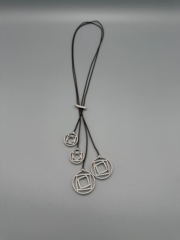 Pierre Lang Geometric Circle & Square Multi-Pendant Cord Necklace – Silver / Y2K Cyber Minimalist