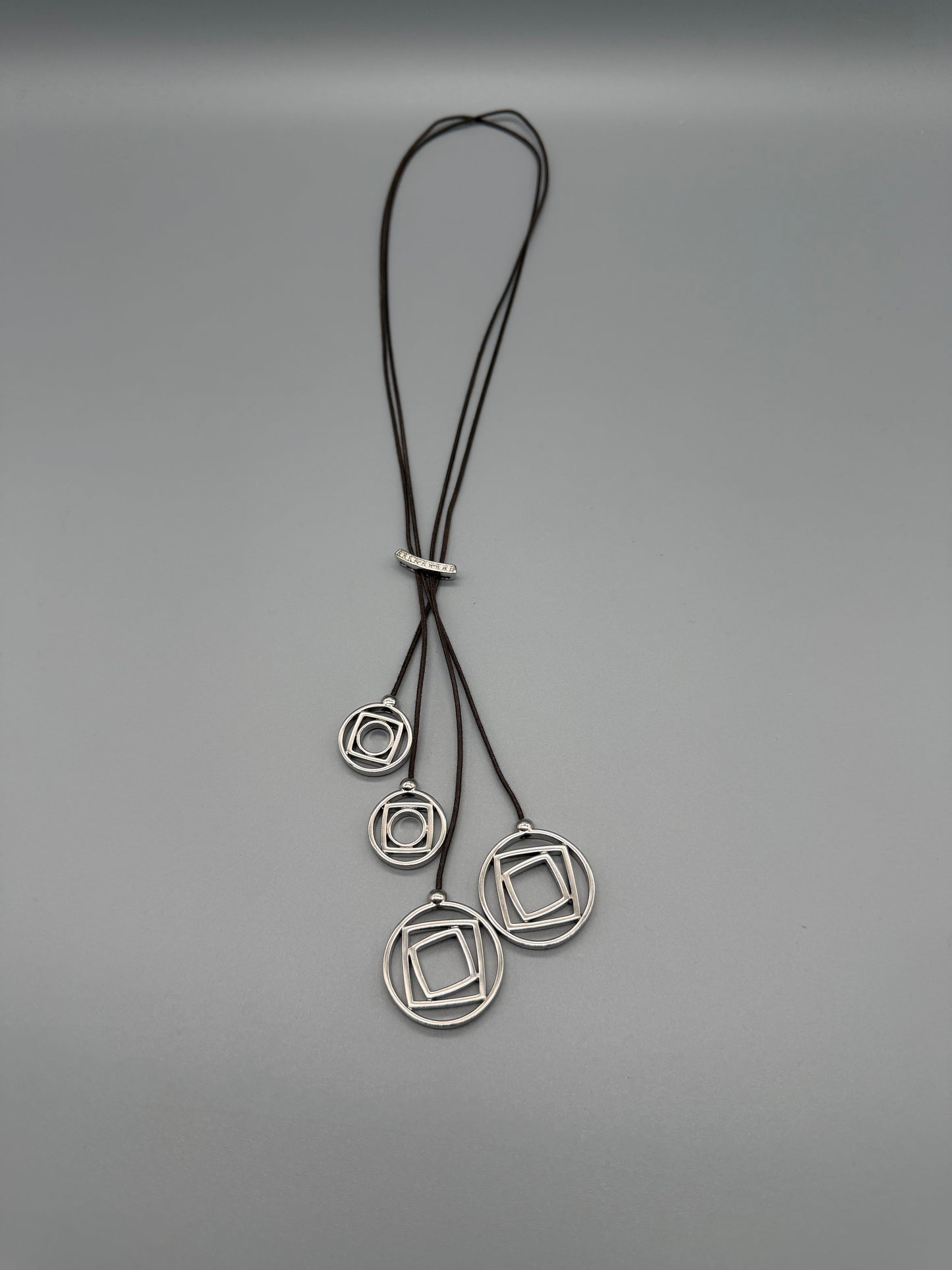 Pierre Lang Geometric Circle & Square Multi-Pendant Cord Necklace – Silver / Y2K Cyber Minimalist