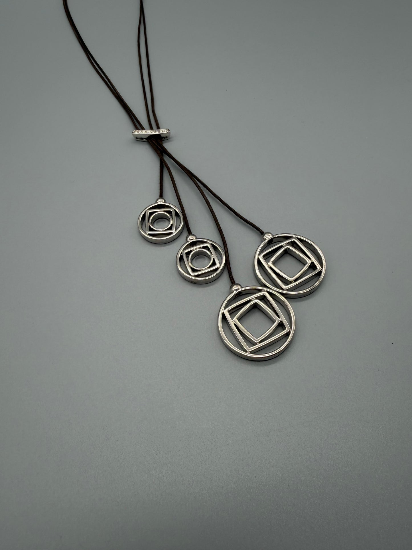 Pierre Lang Geometric Circle & Square Multi-Pendant Cord Necklace – Silver / Y2K Cyber Minimalist