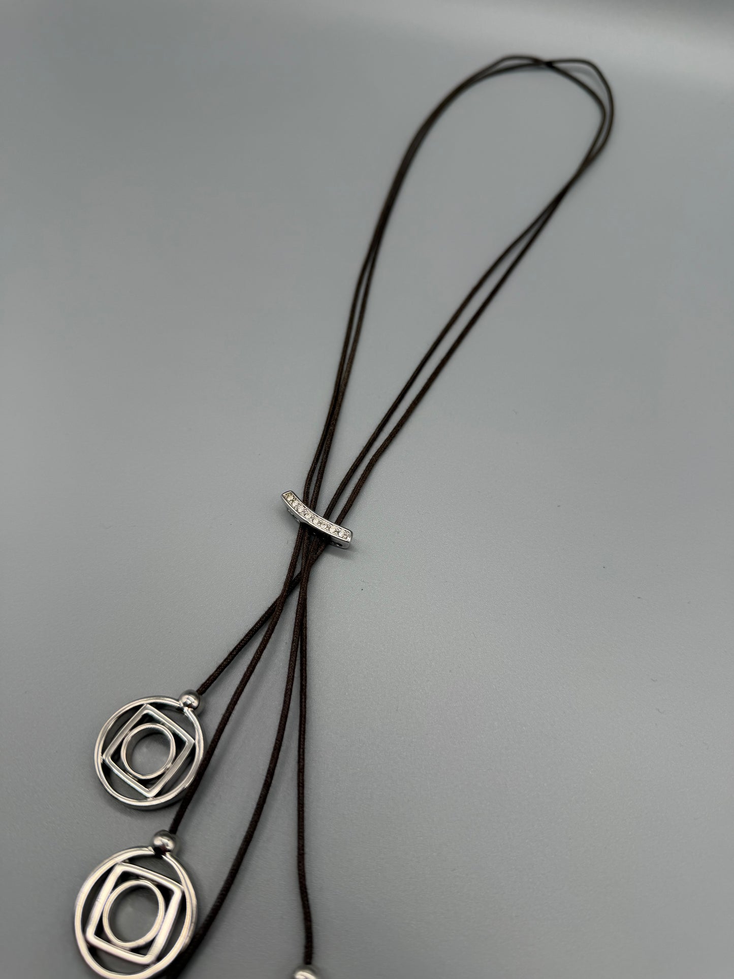 Pierre Lang Geometric Circle & Square Multi-Pendant Cord Necklace – Silver / Y2K Cyber Minimalist