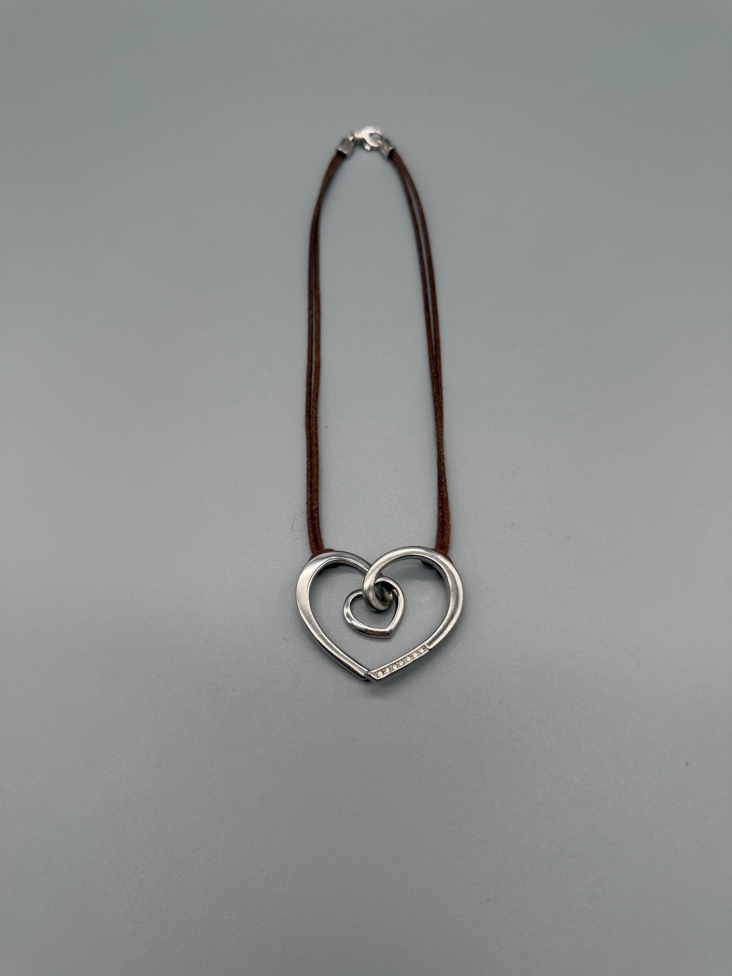 Pierre Lang "Double Heart" Suede Cord Pendant Necklace – Silver / Brown Y2K Aesthetic