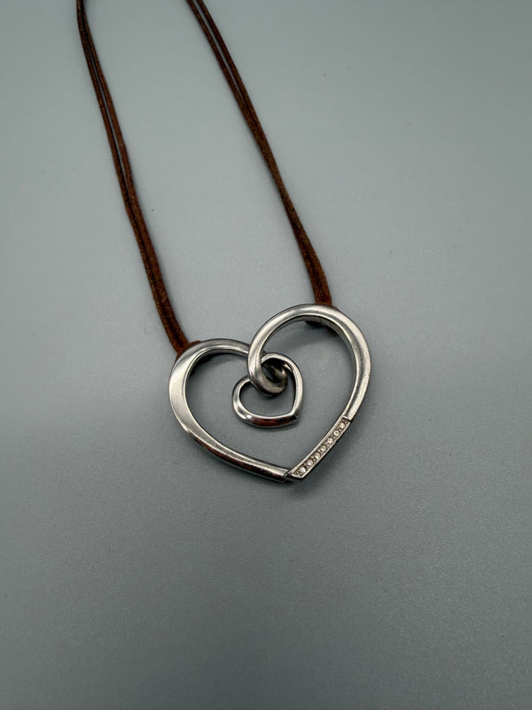Pierre Lang "Double Heart" Suede Cord Pendant Necklace – Silver / Brown Y2K Aesthetic
