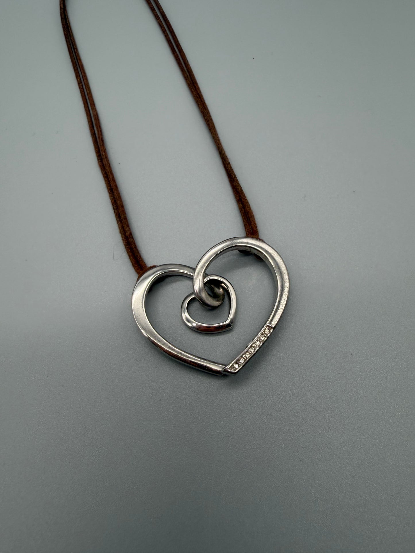 Pierre Lang "Double Heart" Suede Cord Pendant Necklace – Silver / Brown Y2K Aesthetic
