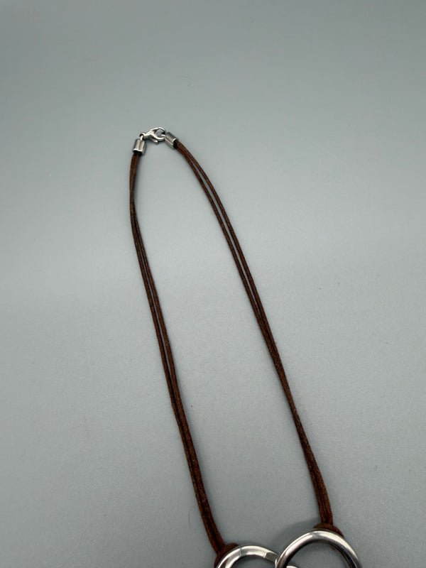 Pierre Lang "Double Heart" Suede Cord Pendant Necklace – Silver / Brown Y2K Aesthetic
