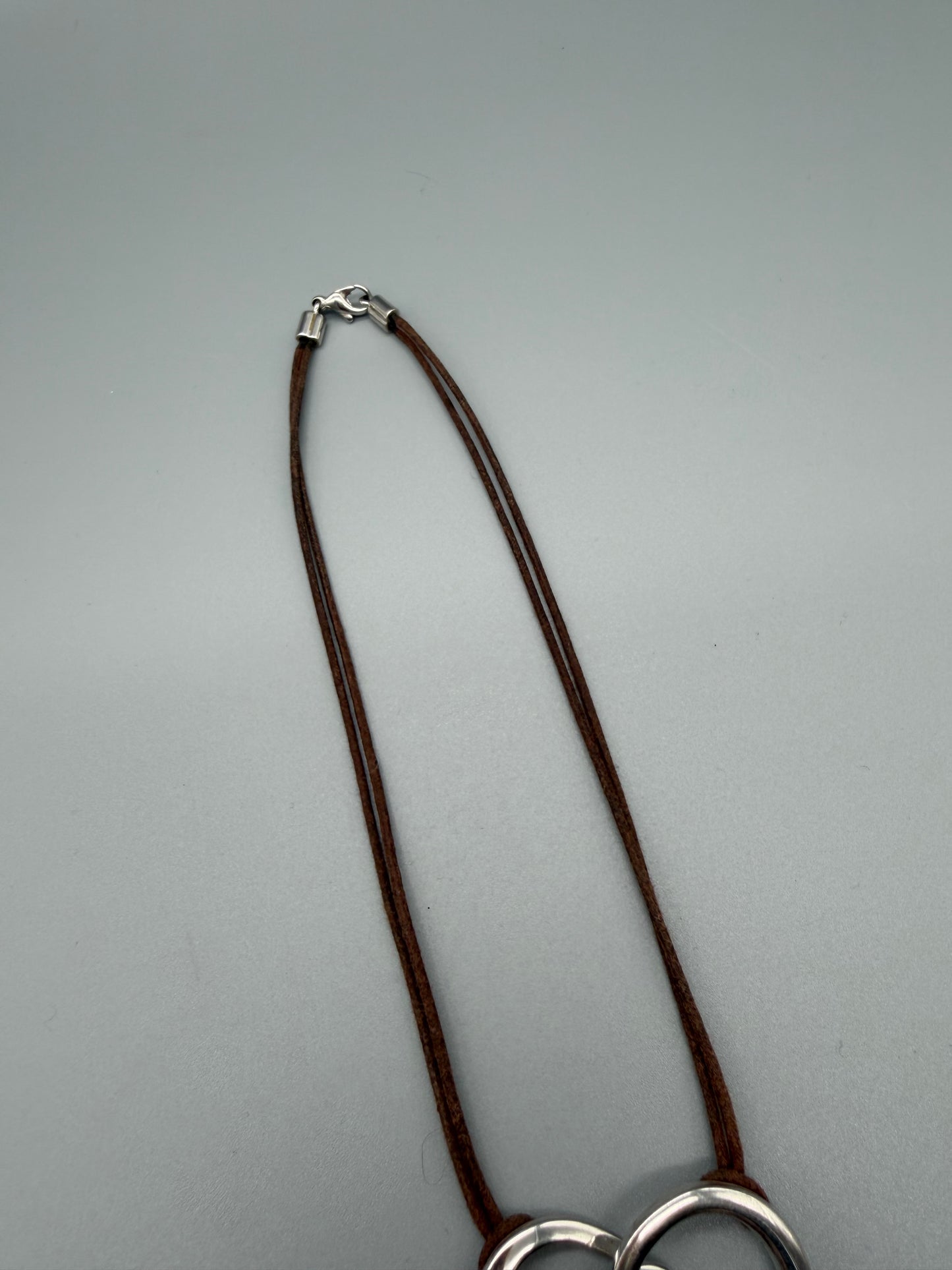 Pierre Lang "Double Heart" Suede Cord Pendant Necklace – Silver / Brown Y2K Aesthetic