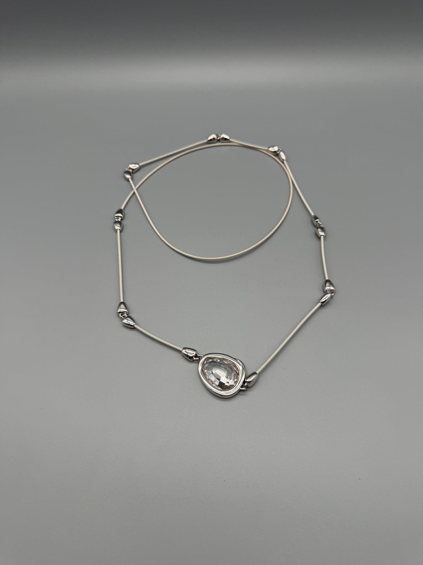 Pierre Lang Y2K Cyber Snake Chain Crystal Drop Necklace – Metallic Silver / Clear