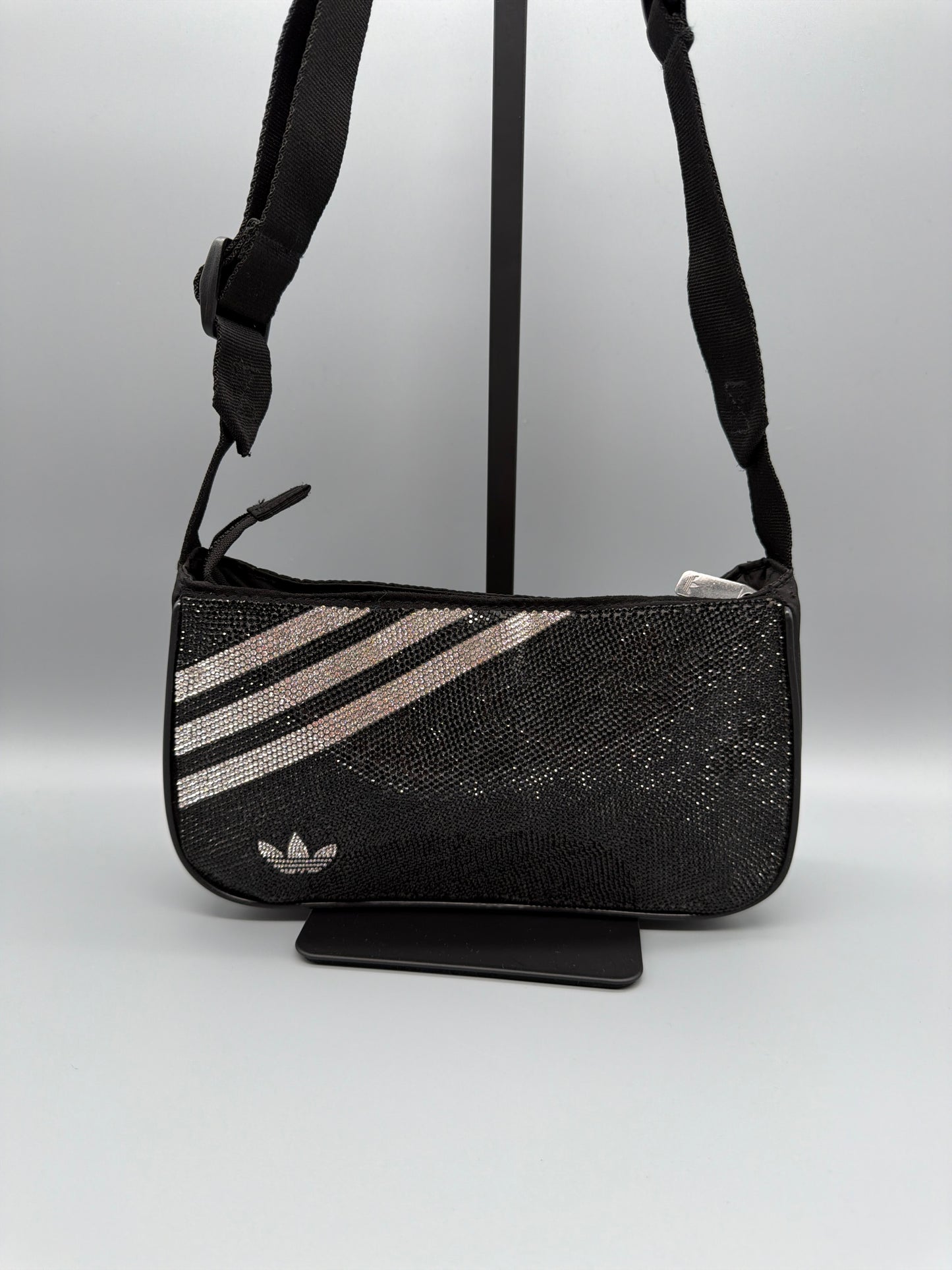 Adidas Originals Rhinestone Glitter Trefoil Baguette Shoulder Bag - All Black / Cyber Y2K