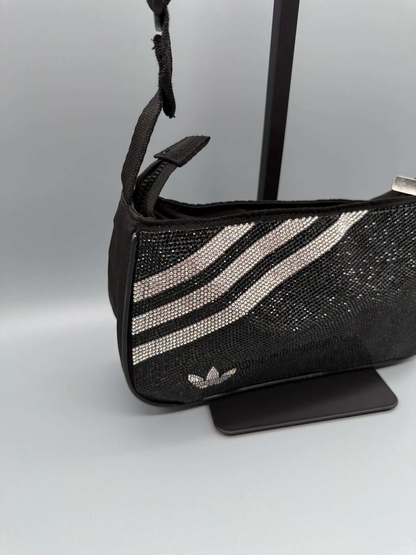 Adidas Originals Rhinestone Glitter Trefoil Baguette Shoulder Bag - All Black / Cyber Y2K