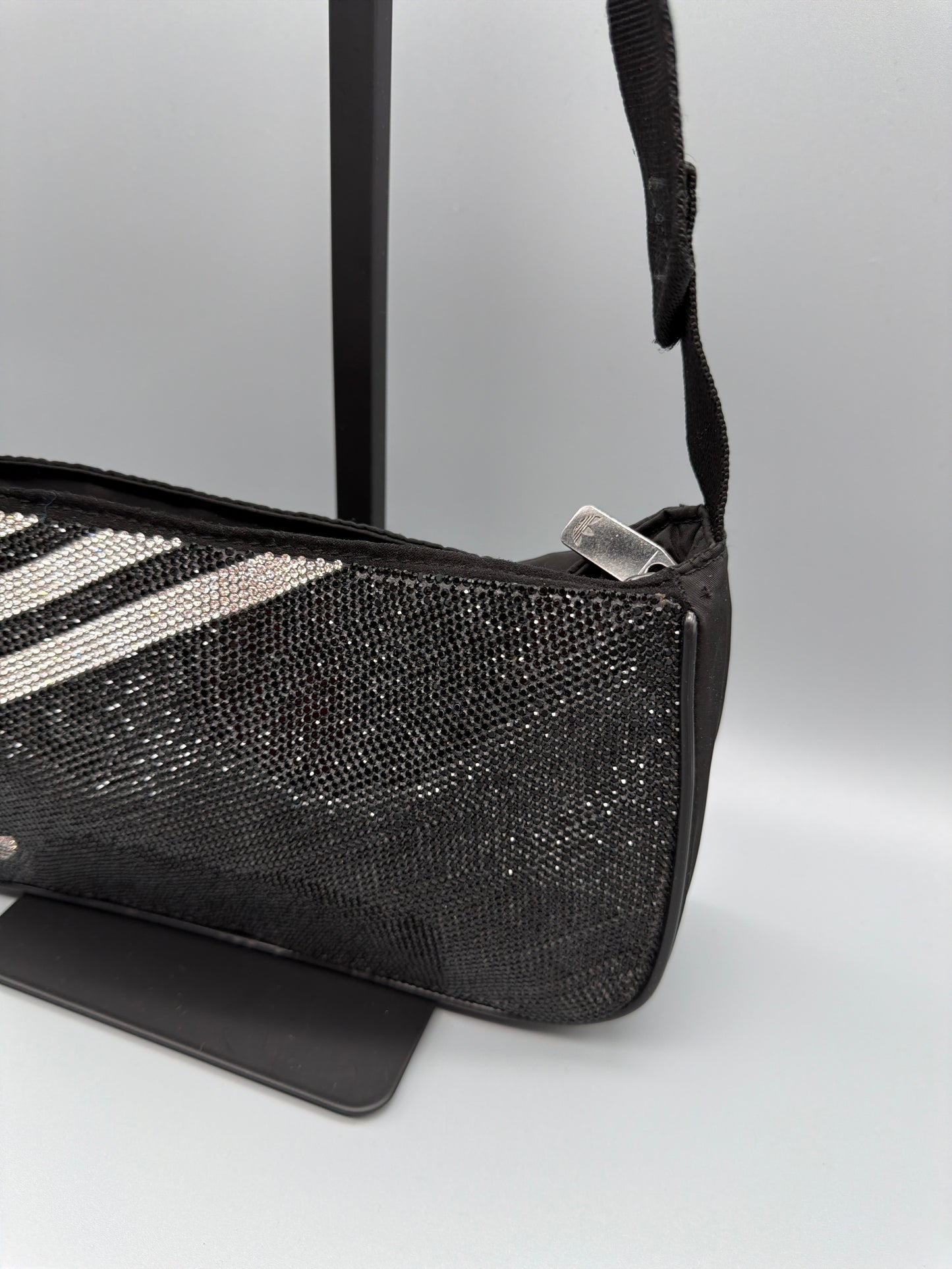 Adidas Originals Rhinestone Glitter Trefoil Baguette Shoulder Bag - All Black / Cyber Y2K