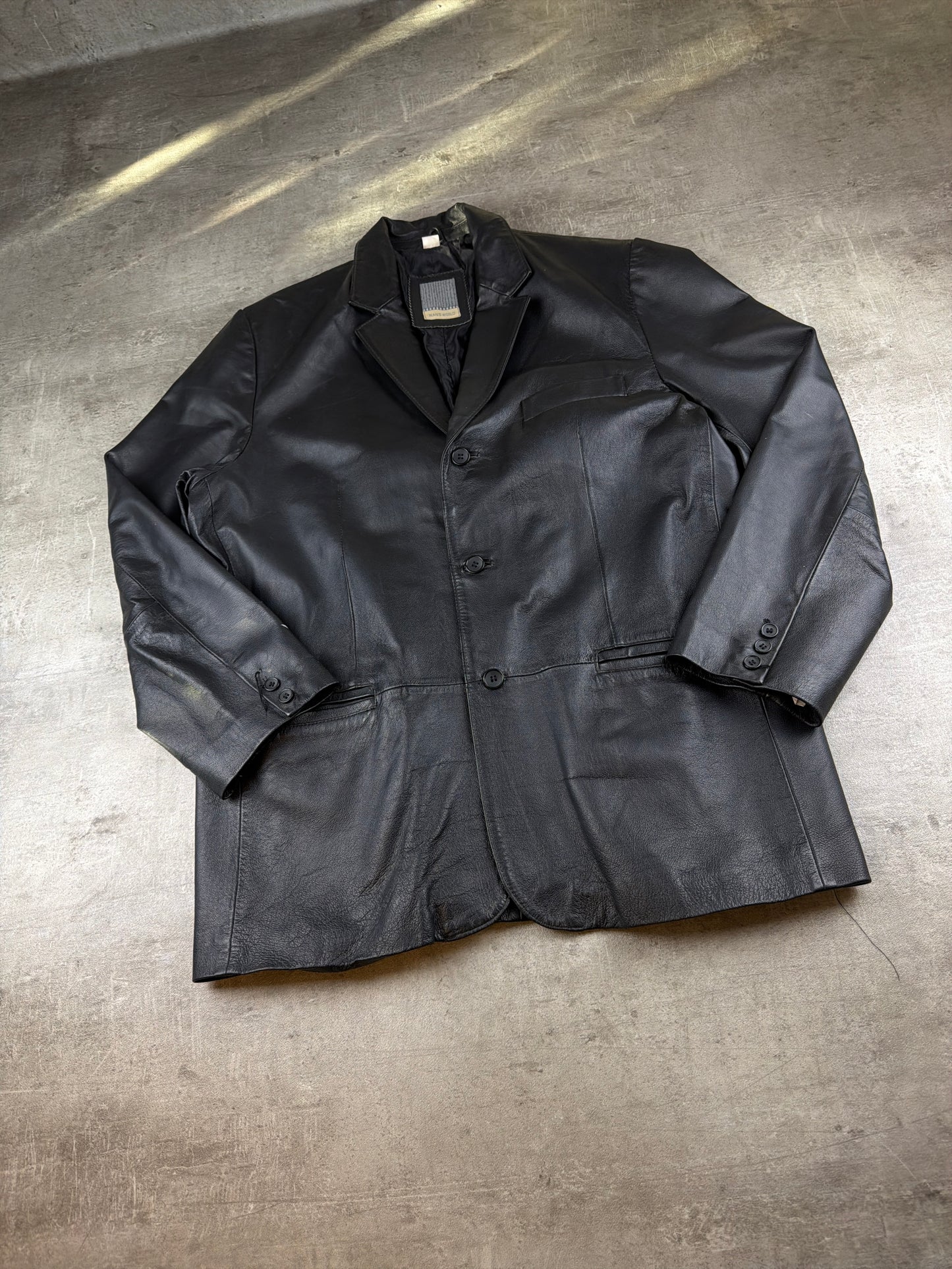 Man's World 90s Matrix Style Leather Blazer Jacket - All Black / Office Core