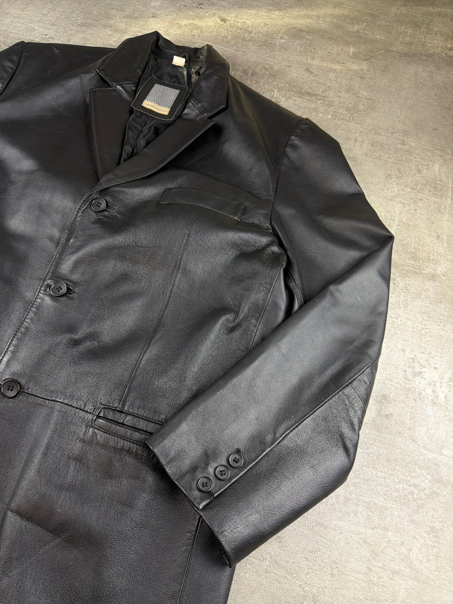 Man's World 90s Matrix Style Leather Blazer Jacket - All Black / Office Core