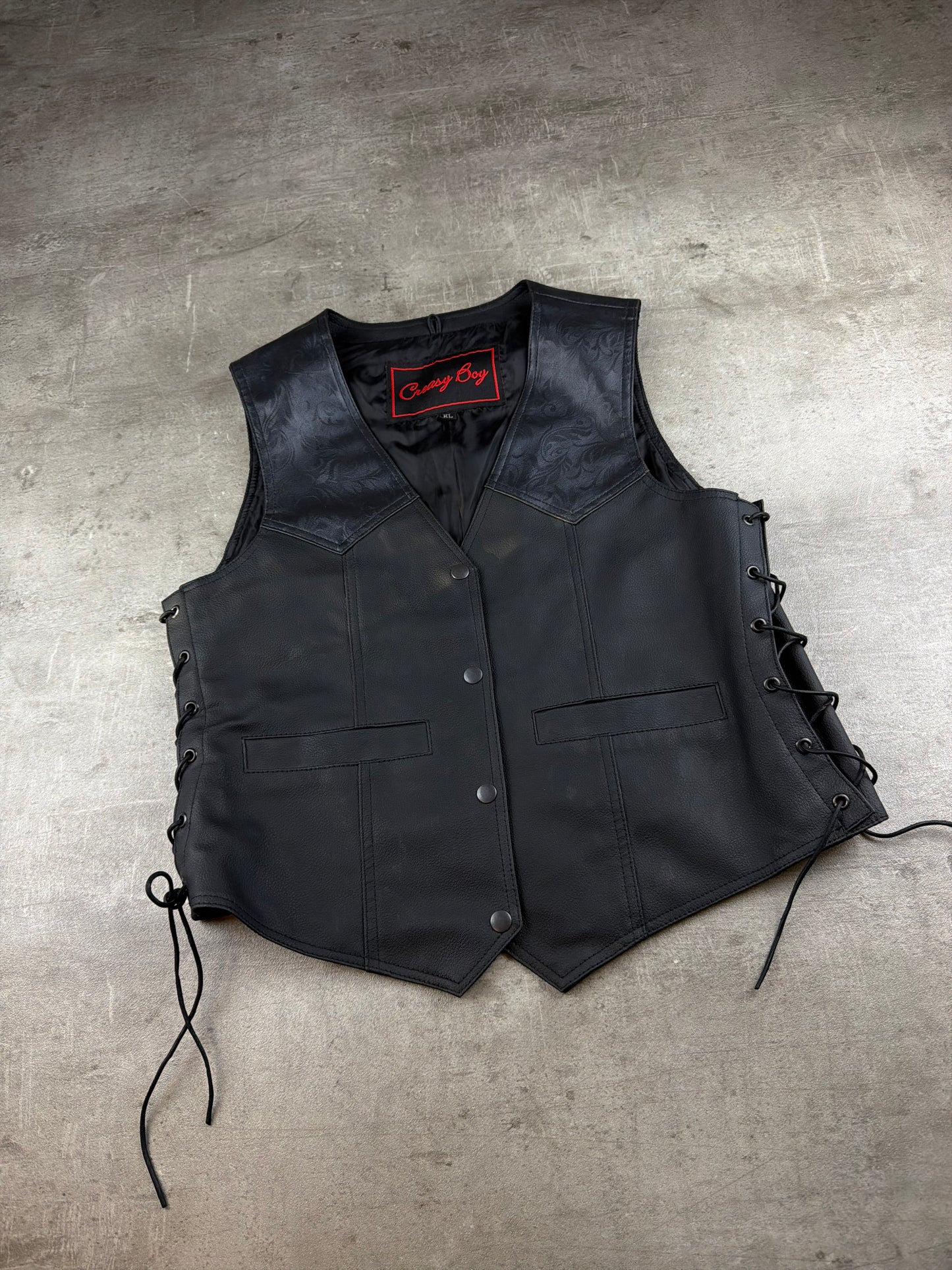 Creasy Boy Vintage Biker Lace-Up Leather Vest - All Black / Western Embossed