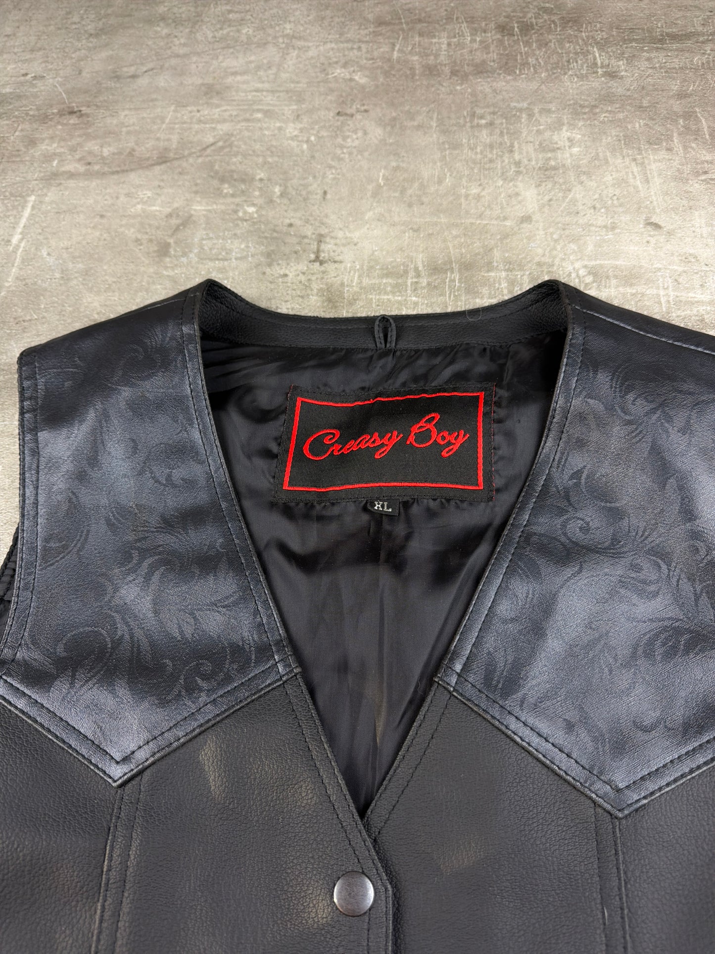 Creasy Boy Vintage Biker Lace-Up Leather Vest - All Black / Western Embossed