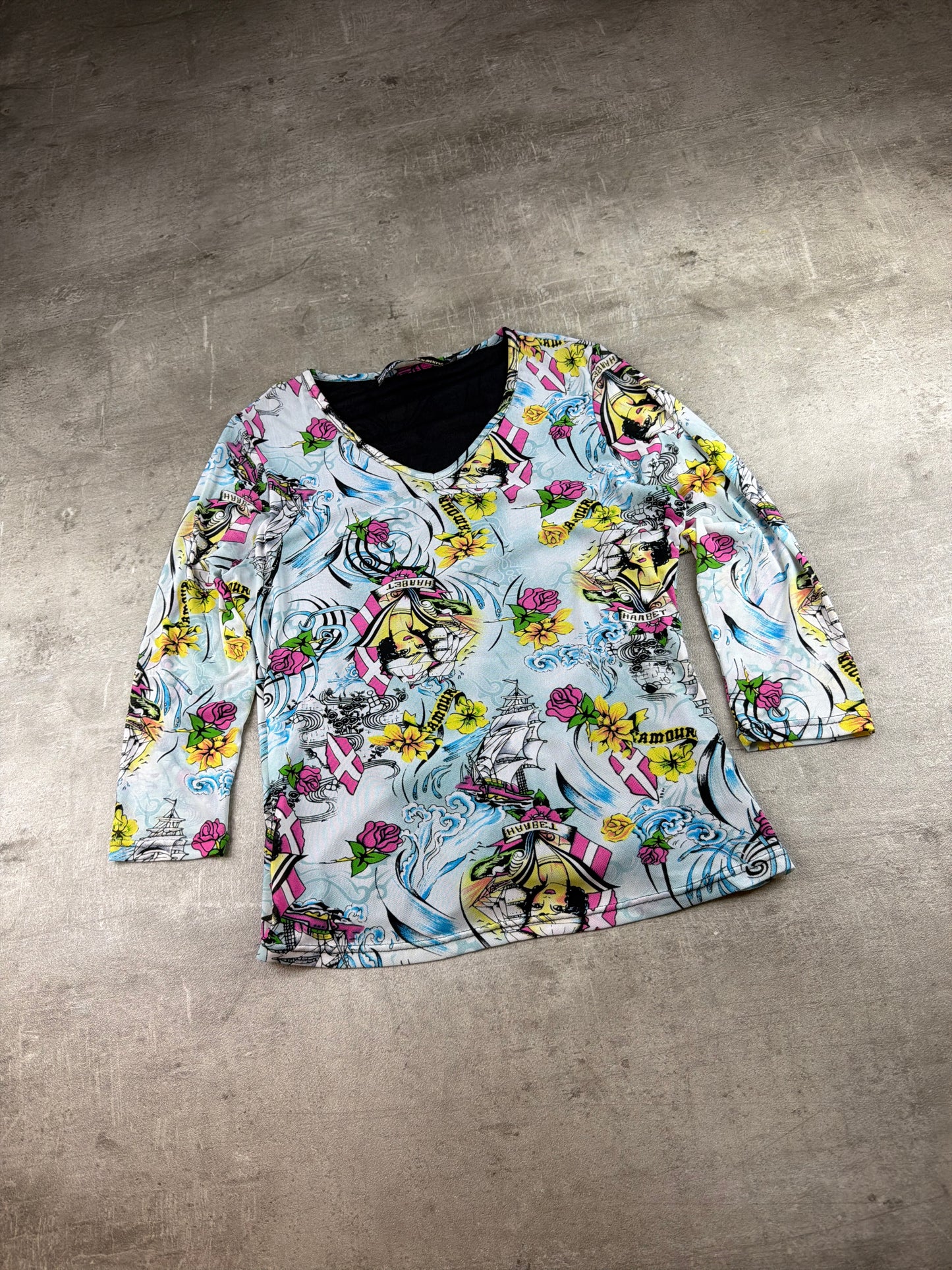 Miss Sixty Archive "Sailor Tattoo" Graphic V-Neck Longsleeve – Multicolor Y2K All-Over Print
