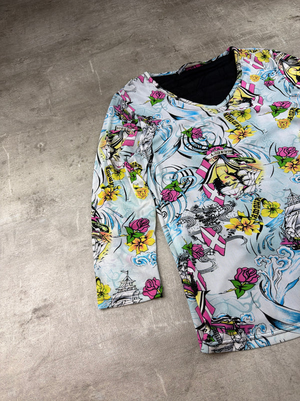 Miss Sixty Archive "Sailor Tattoo" Graphic V-Neck Longsleeve – Multicolor Y2K All-Over Print