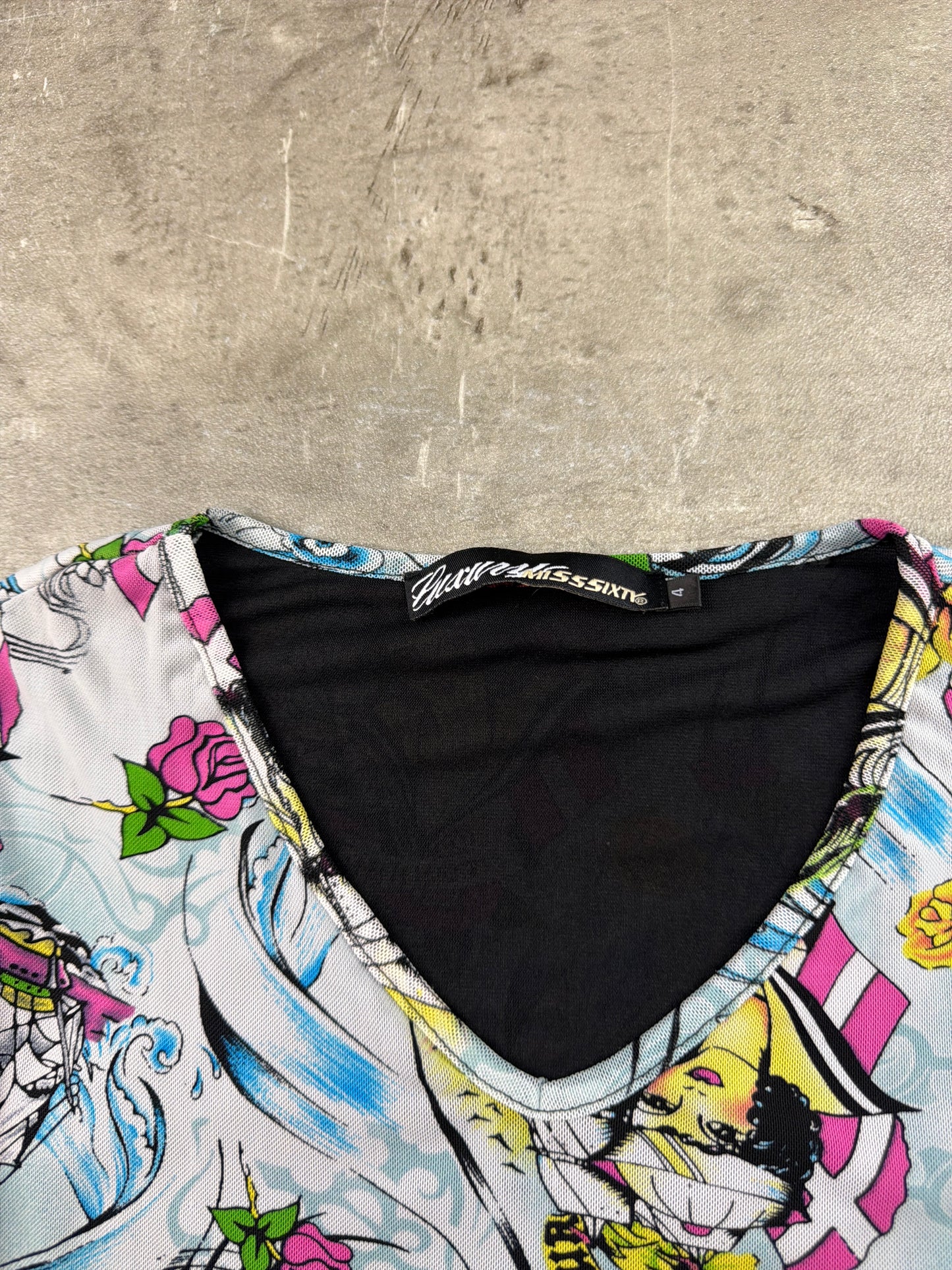 Miss Sixty Archive "Sailor Tattoo" Graphic V-Neck Longsleeve – Multicolor Y2K All-Over Print
