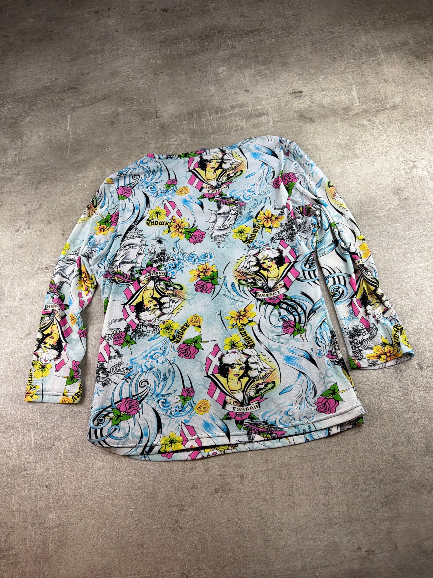 Miss Sixty Archive "Sailor Tattoo" Graphic V-Neck Longsleeve – Multicolor Y2K All-Over Print