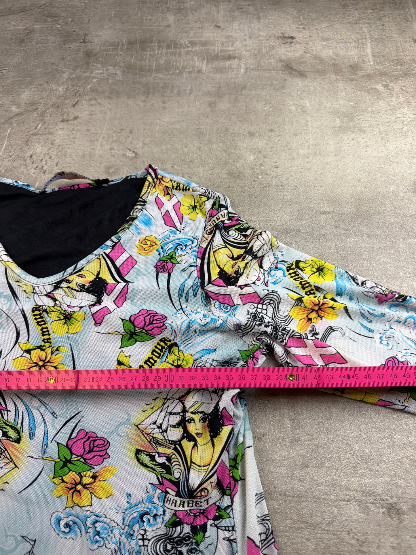Miss Sixty Archive "Sailor Tattoo" Graphic V-Neck Longsleeve – Multicolor Y2K All-Over Print