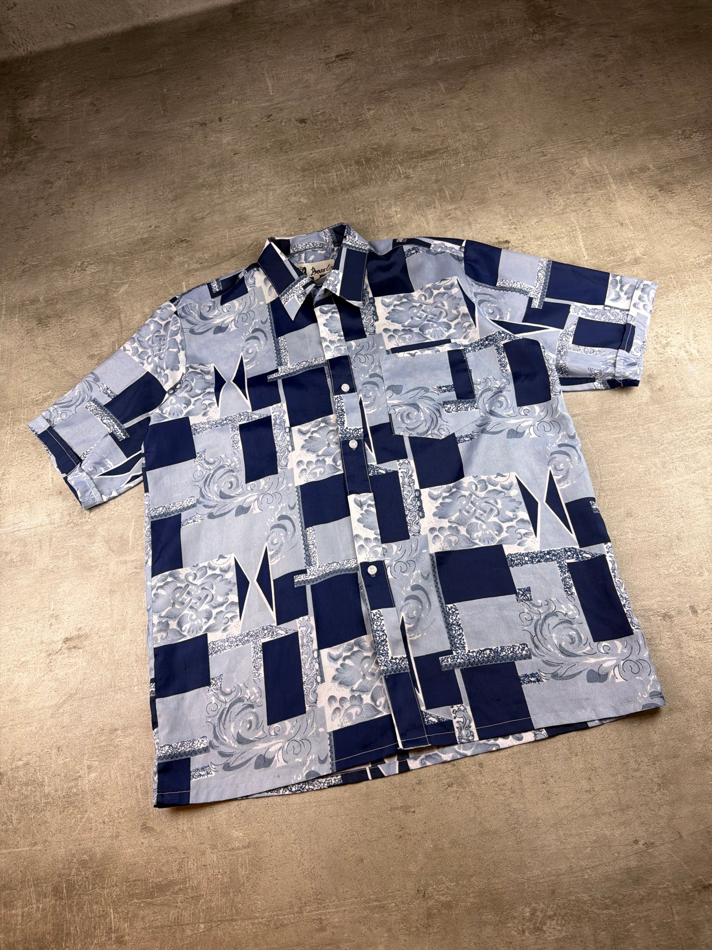 Bossly Vintage Baroque Tile Patchwork Short Sleeve Shirt – Ice Blue / Navy