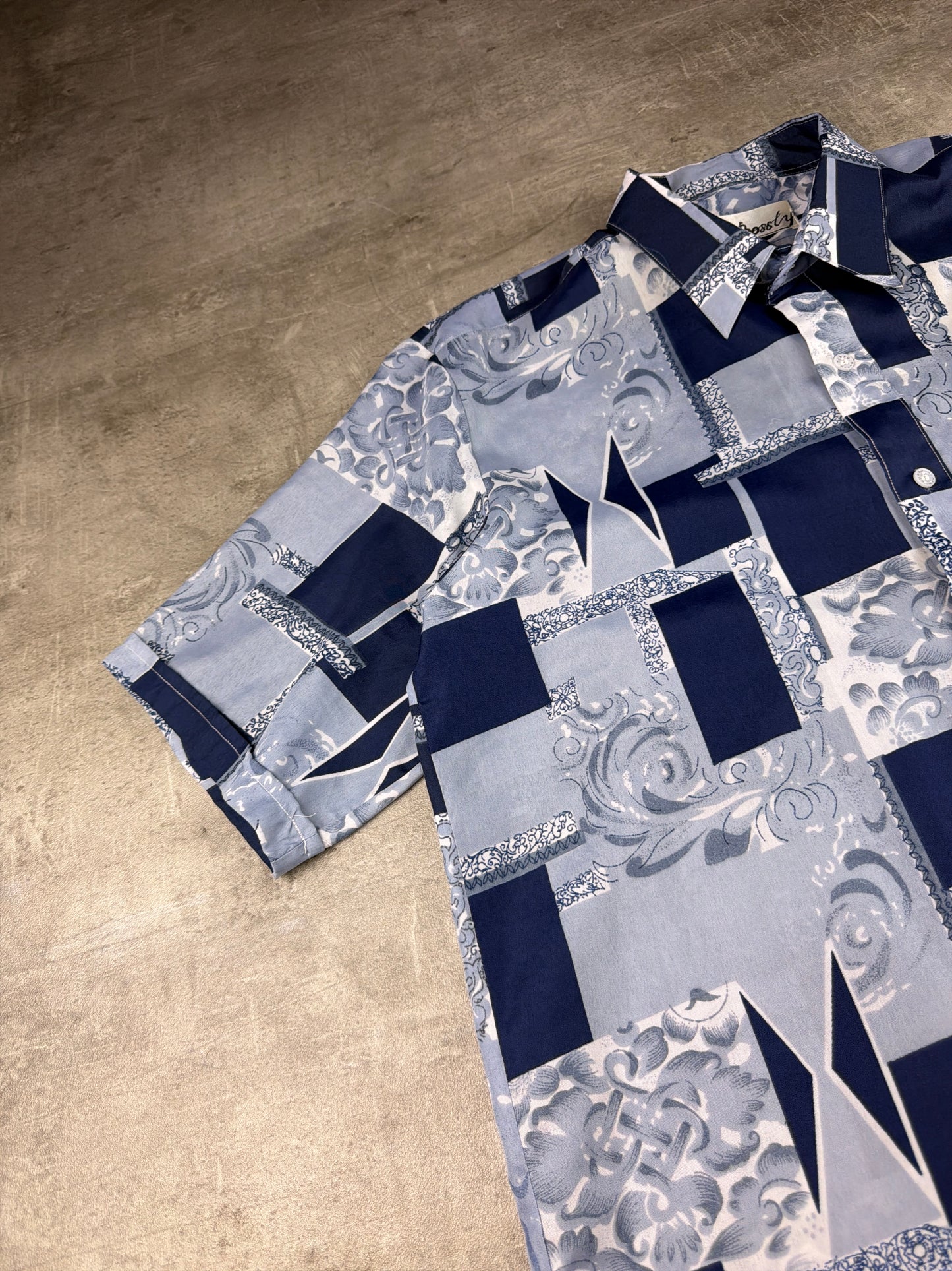 Bossly Vintage Baroque Tile Patchwork Short Sleeve Shirt – Ice Blue / Navy