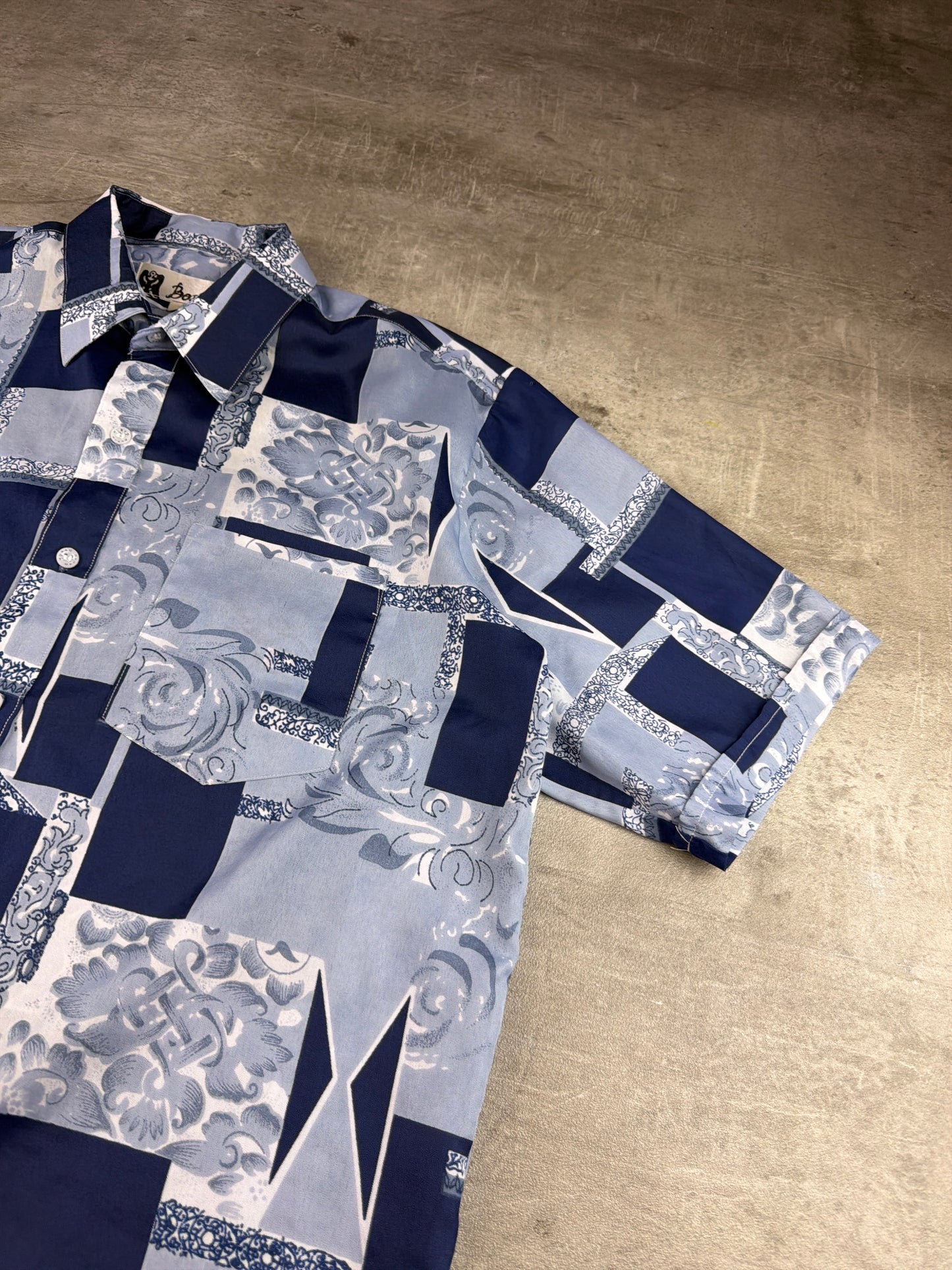 Bossly Vintage Baroque Tile Patchwork Short Sleeve Shirt – Ice Blue / Navy