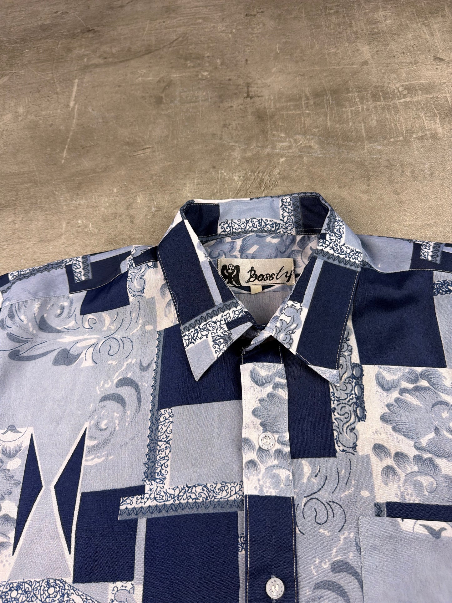 Bossly Vintage Baroque Tile Patchwork Short Sleeve Shirt – Ice Blue / Navy
