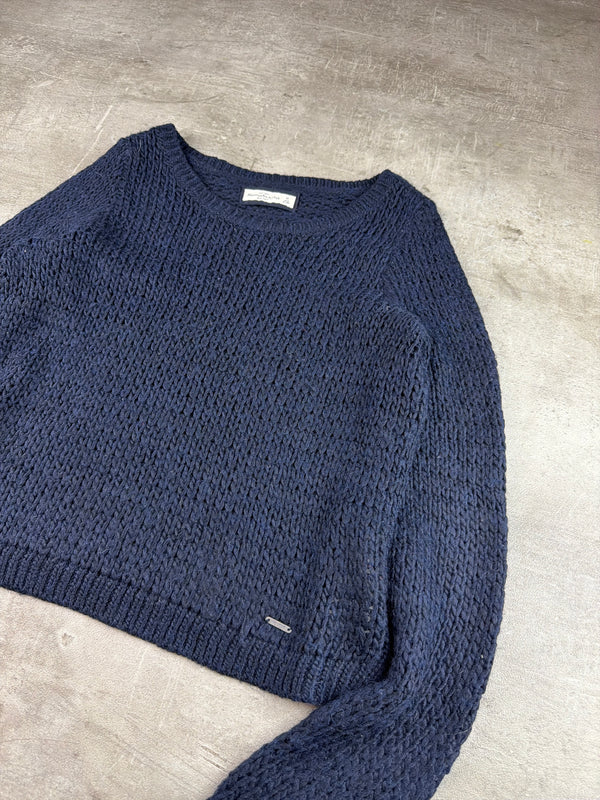 Abercrombie & Fitch Y2K Chunky Knit Cropped Sweater - Navy Blue / Grunge Coquette