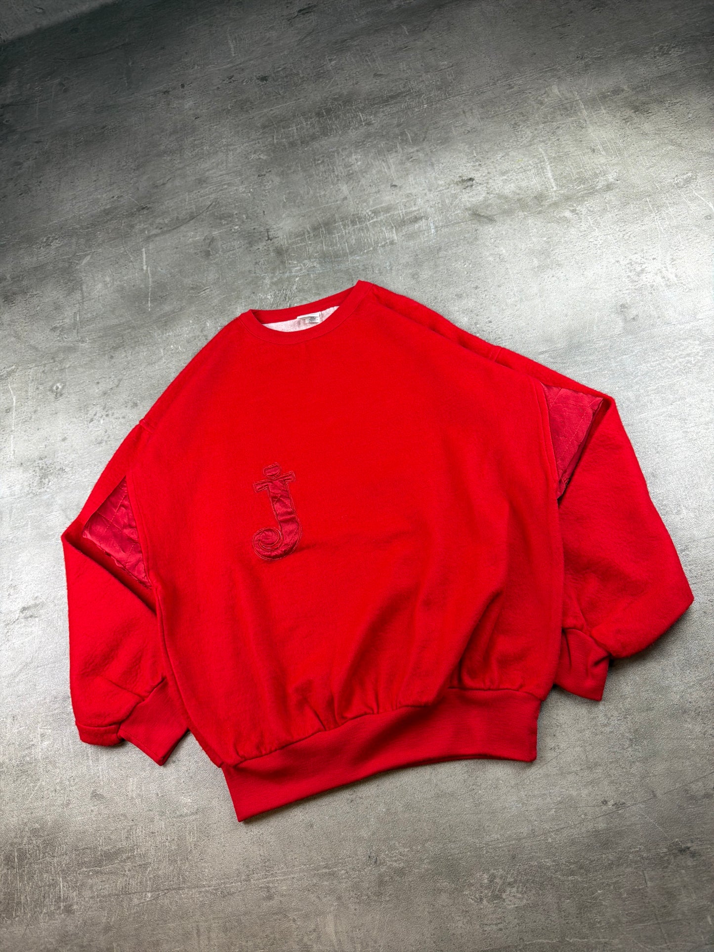 Vintage 90s Satin Detail Letter "J" Patch Crewneck Sweatshirt - Fire Red / Oversized Boxy Cut