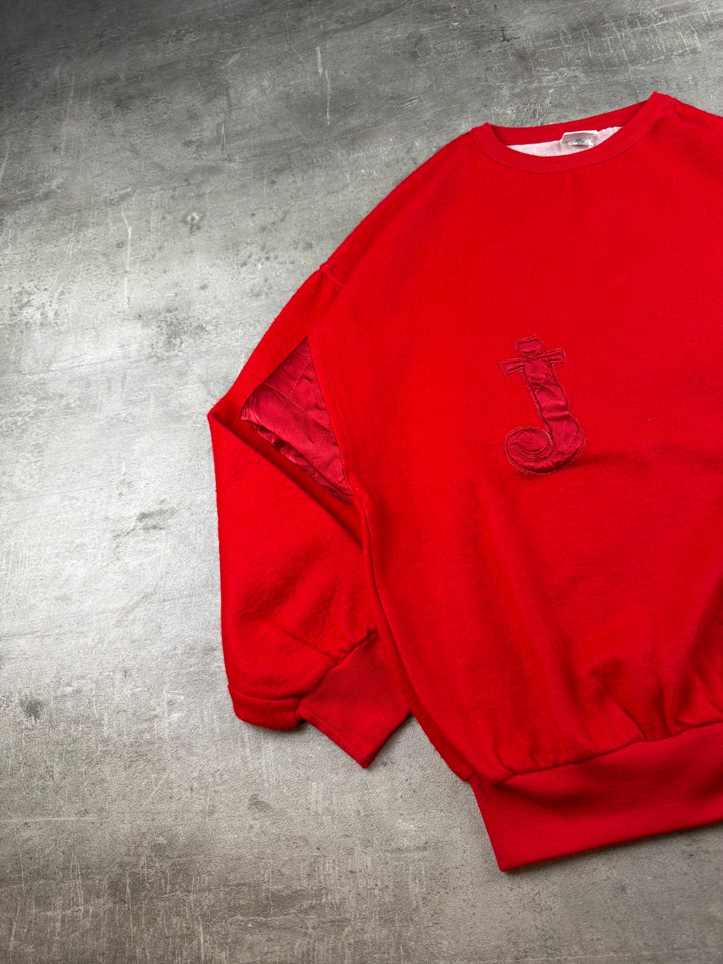 Vintage 90s Satin Detail Letter "J" Patch Crewneck Sweatshirt - Fire Red / Oversized Boxy Cut
