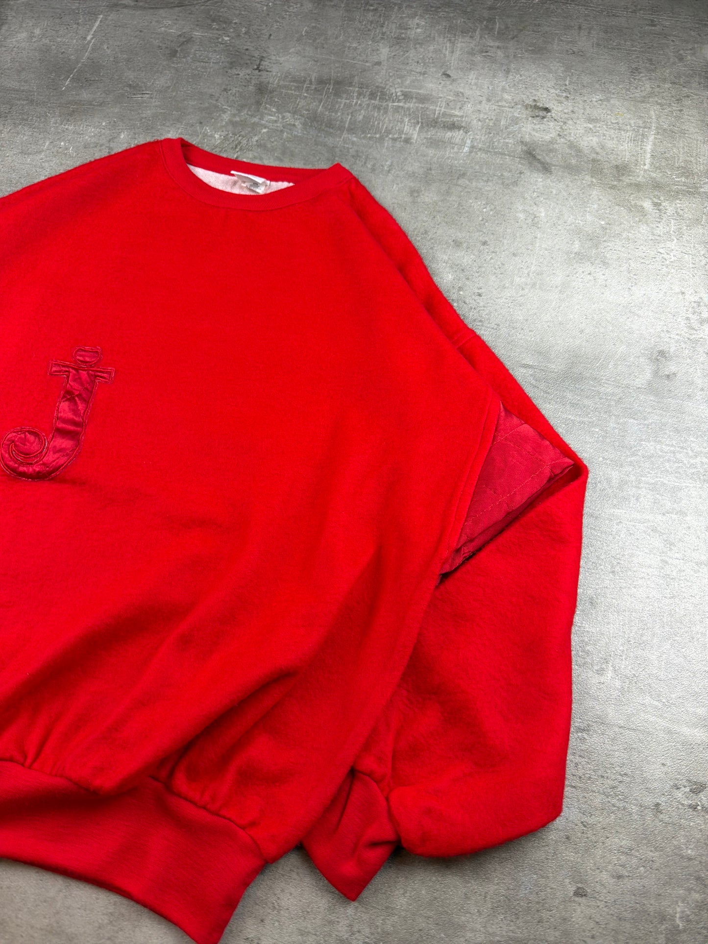 Vintage 90s Satin Detail Letter "J" Patch Crewneck Sweatshirt - Fire Red / Oversized Boxy Cut