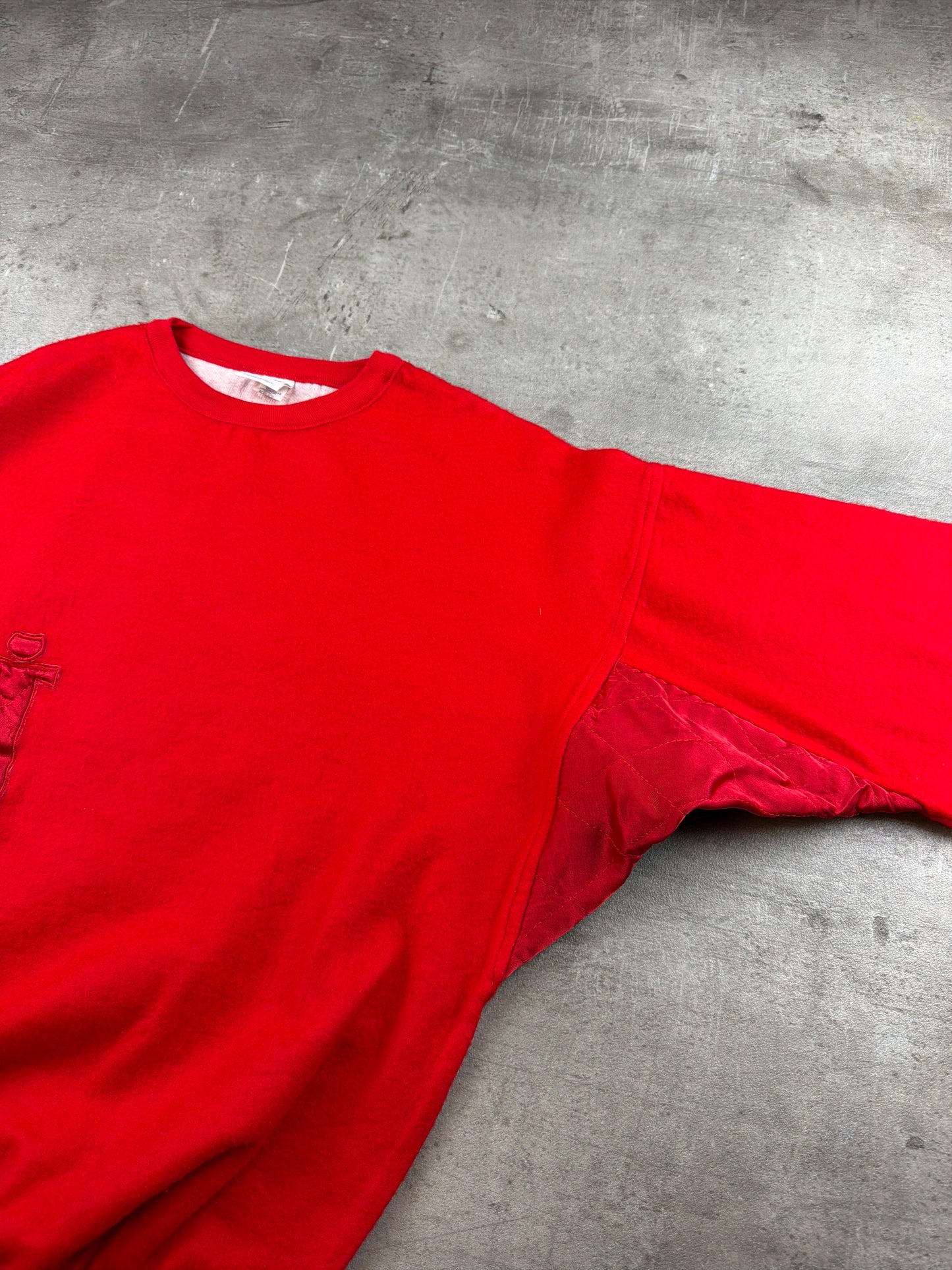 Vintage 90s Satin Detail Letter "J" Patch Crewneck Sweatshirt - Fire Red / Oversized Boxy Cut