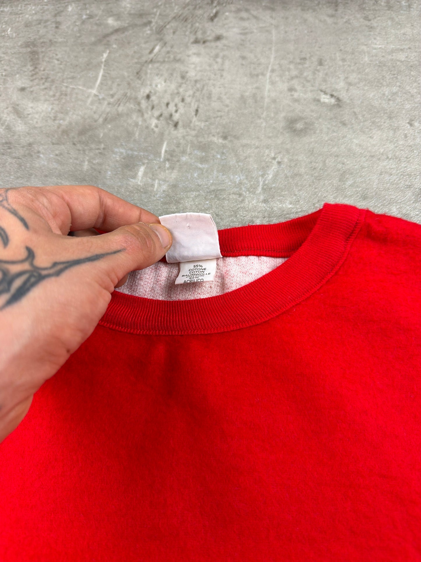 Vintage 90s Satin Detail Letter "J" Patch Crewneck Sweatshirt - Fire Red / Oversized Boxy Cut