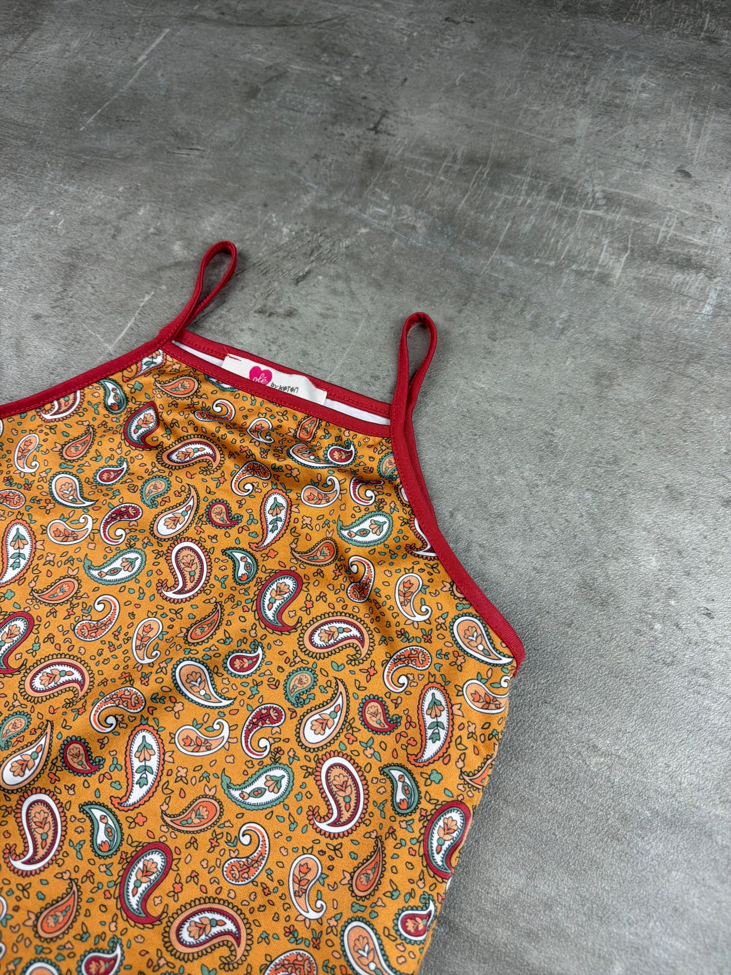 Olé by Koton Y2K Boho Paisley Strappy Cami Top – Mustard & Red Trim