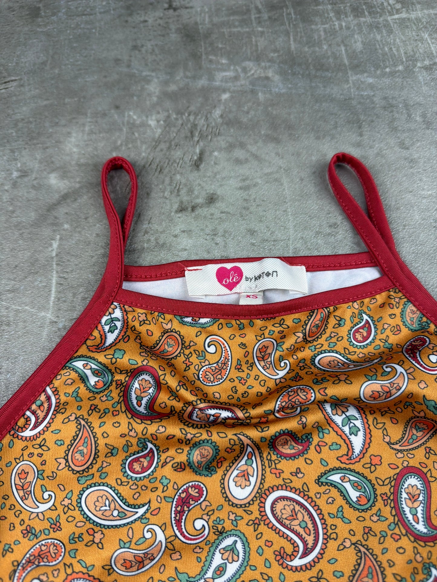 Olé by Koton Y2K Boho Paisley Strappy Cami Top – Mustard & Red Trim